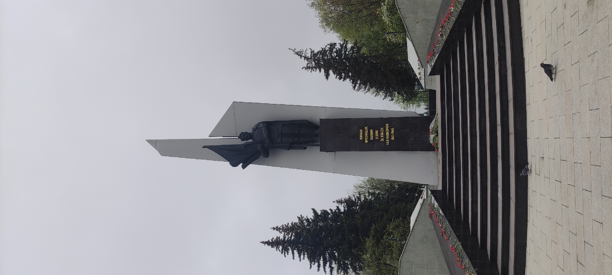 The image shows a monument in Fryazino, Russia. A dark statue of a soldier holding a flag stands atop a white triangular structure. Behind the statue is a black slab with golden inscription in Russian. Steps with red flowers lead up to the monument. A pigeon is seen on the right side of the image on a tiled surface. Trees are visible in the background. The sky is overcast.