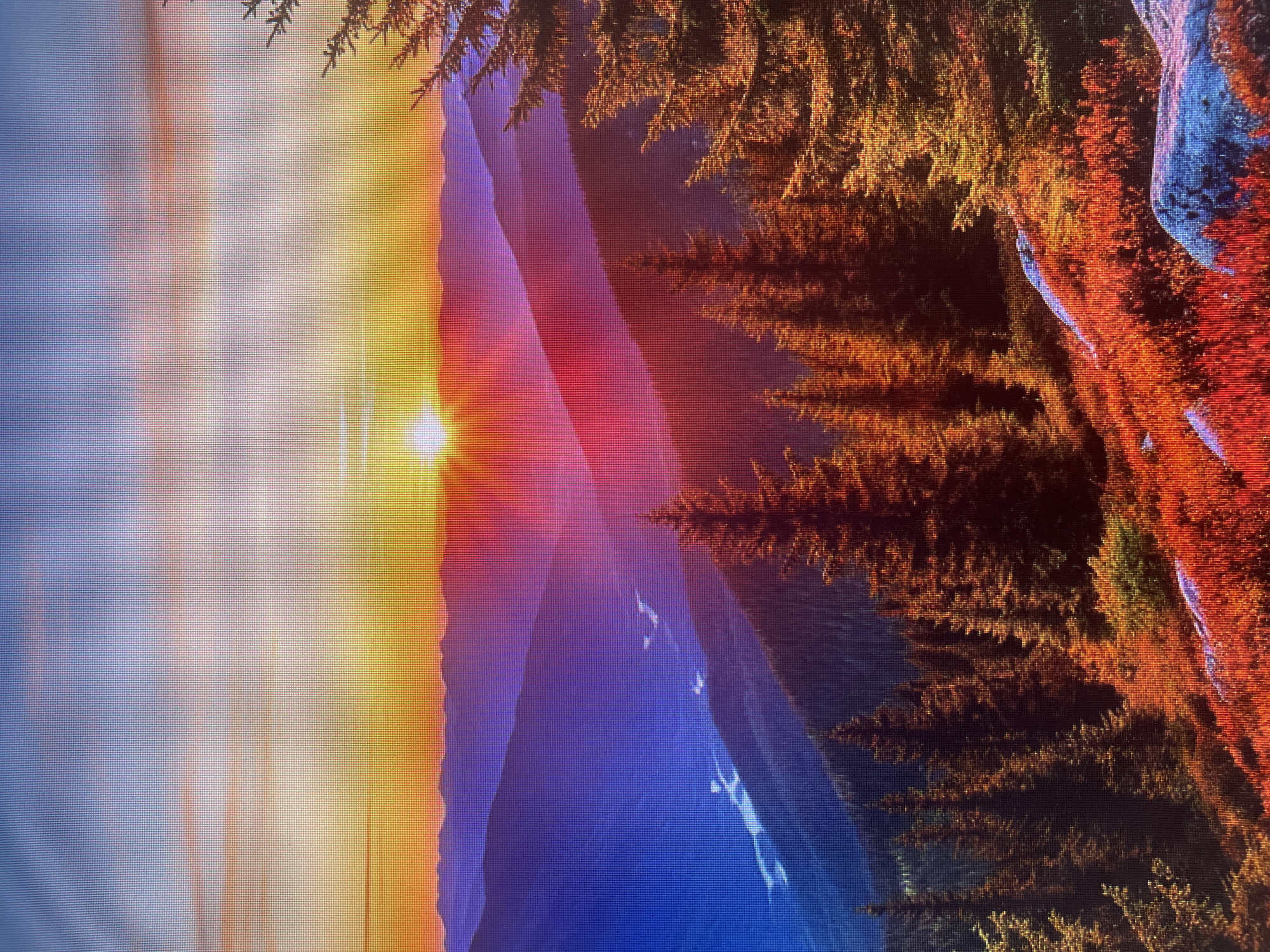 The image displays a vibrant mountain landscape at sunset. The sky transitions from a clear blue at the top to a gradient of orange, pink, and red near the horizon. A bright sun is setting behind layered mountain ranges, casting a warm glow and creating atmospheric haze. In the foreground, dense coniferous trees and low-lying reddish-orange vegetation cover the slopes. A winding river or stream is visible in a valley between the mountains. The overall scene is a dramatic and colorful natural vista. The image does not depict the city of Sinyavino, Russia, nor does it contain any people or specific actions.