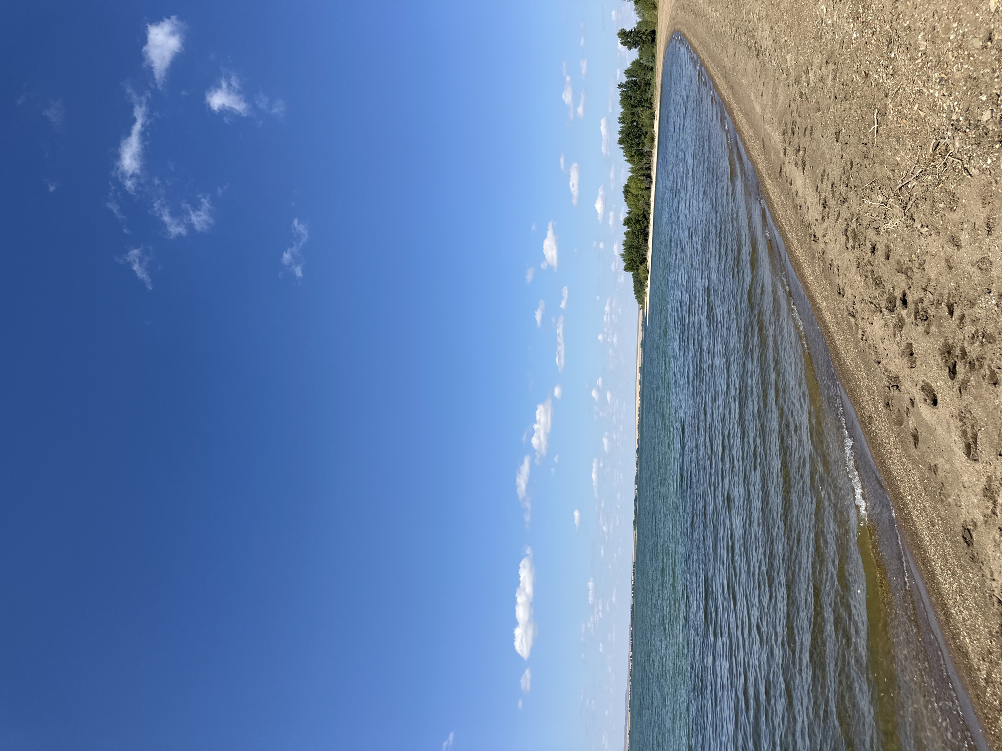 The image displays a serene natural landscape under a clear blue sky dotted with a few wispy white clouds. In the foreground, a sandy beach stretches along the edge of a large body of water. The sand is textured with small pebbles and has scattered footprints and a few dry twigs. The water is a calm, deep blue-green, with gentle ripples lapping against the shore. The horizon is marked by a line of green trees, suggesting a wooded area or forest bordering the water. Further in the distance, the land appears relatively flat with hints of muted colors, possibly fields or dry vegetation. The overall scene evokes a sense of tranquility and a remote, natural setting. The location is identified as Gornyi Erik, Russia, a place that likely offers such natural beauty. There are no people or any explicit actions or interactions visible in the image, emphasizing the undisturbed state of the environment.
