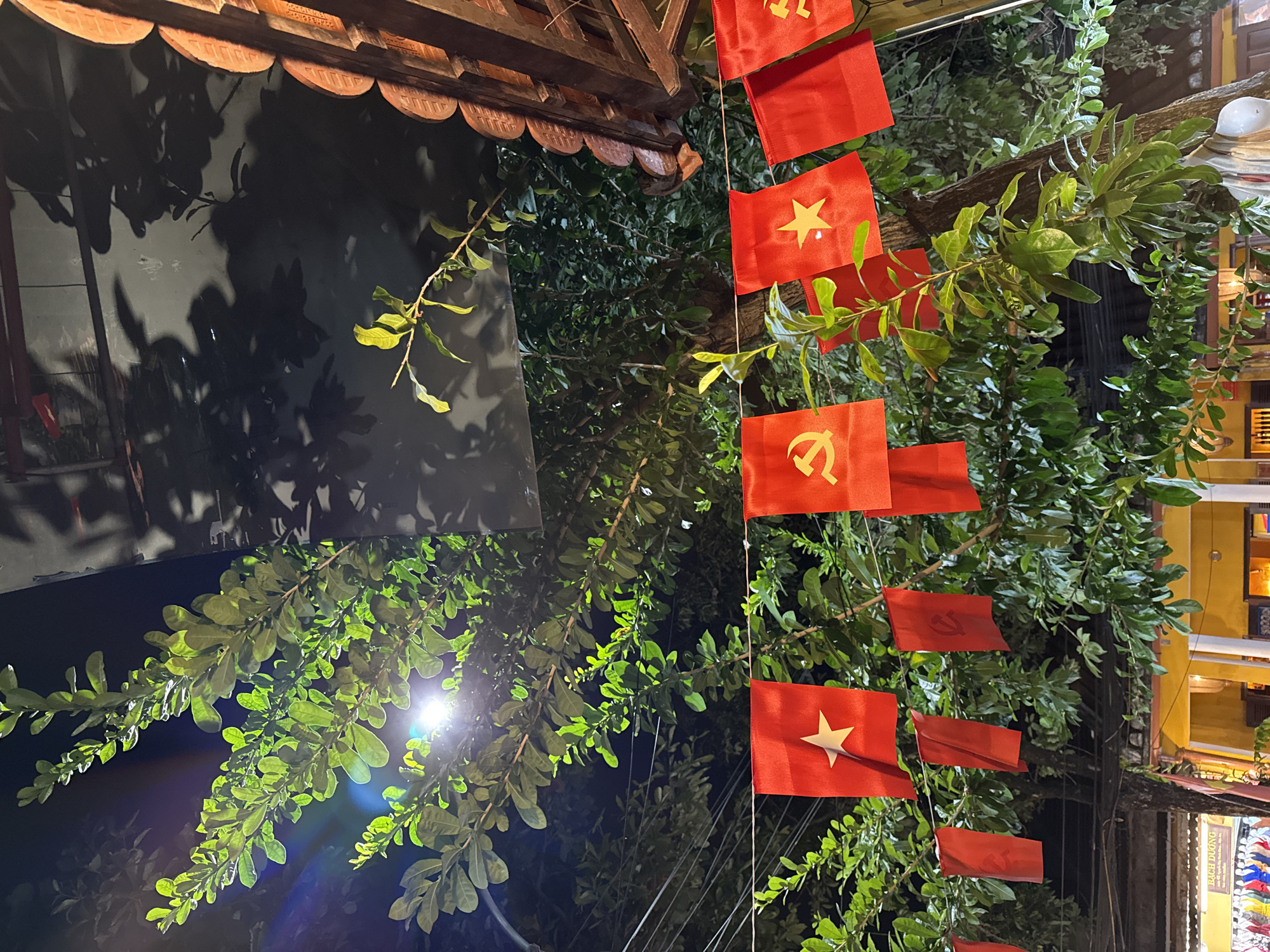 The image shows a night scene in Hội An Ward, Vietnam, focusing on a street decorated with Vietnamese flags. The flags, red with a yellow star, and some with a hammer and sickle emblem, are strung between buildings and trees. The foliage of the trees is illuminated by a nearby light source. In the background, building facades with various architectural details and lighting can be observed. The presence of the flags suggests a festive or commemorative occasion.