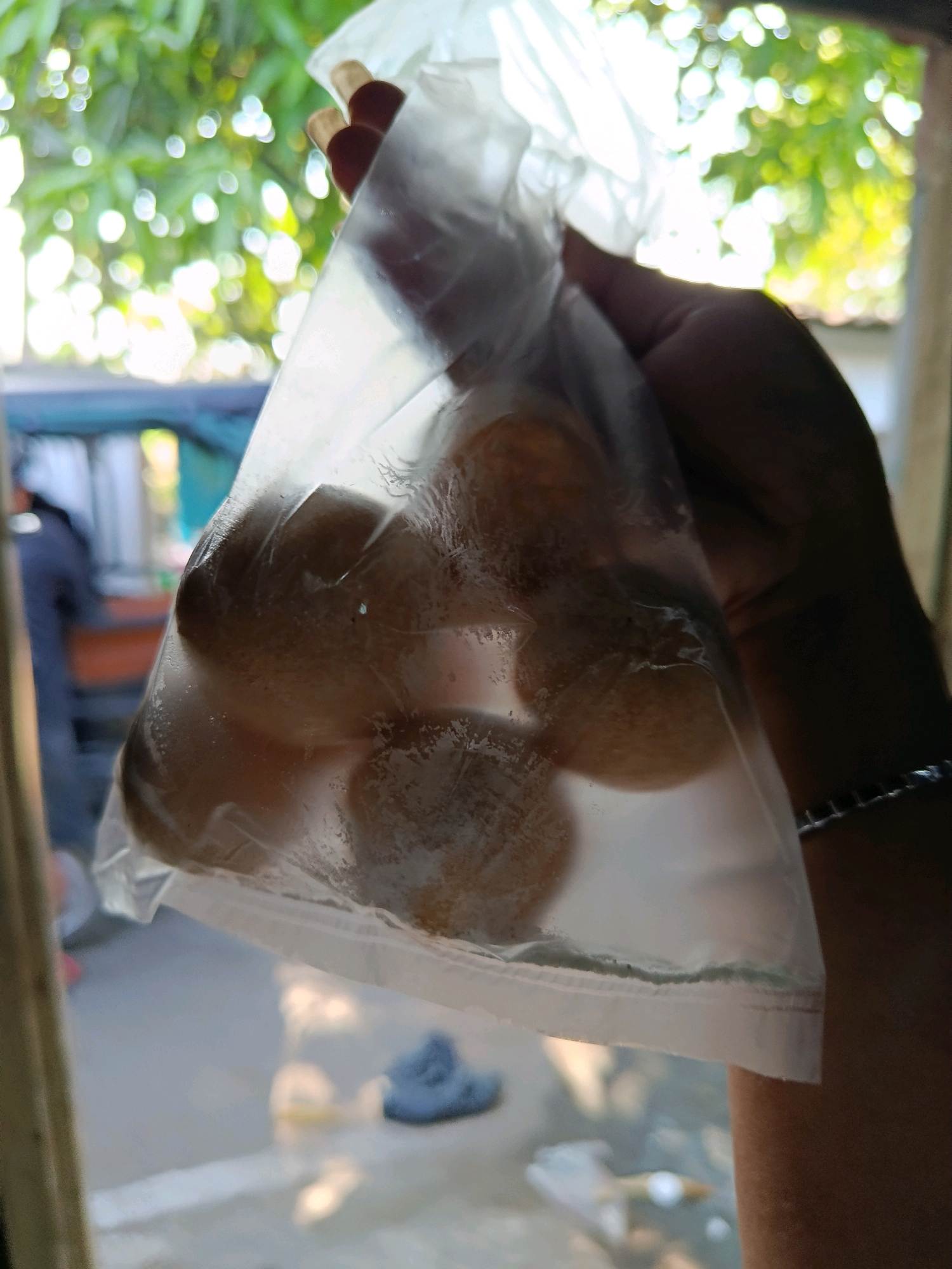 In Kaliputu, Indonesia, a hand holds a clear plastic bag filled with several round, brown objects, possibly food items. The bag is slightly condensed, indicating a temperature difference. In the background, a blurred outdoor scene is visible, featuring green foliage, a vehicle, and a person. The lighting suggests it is daytime.