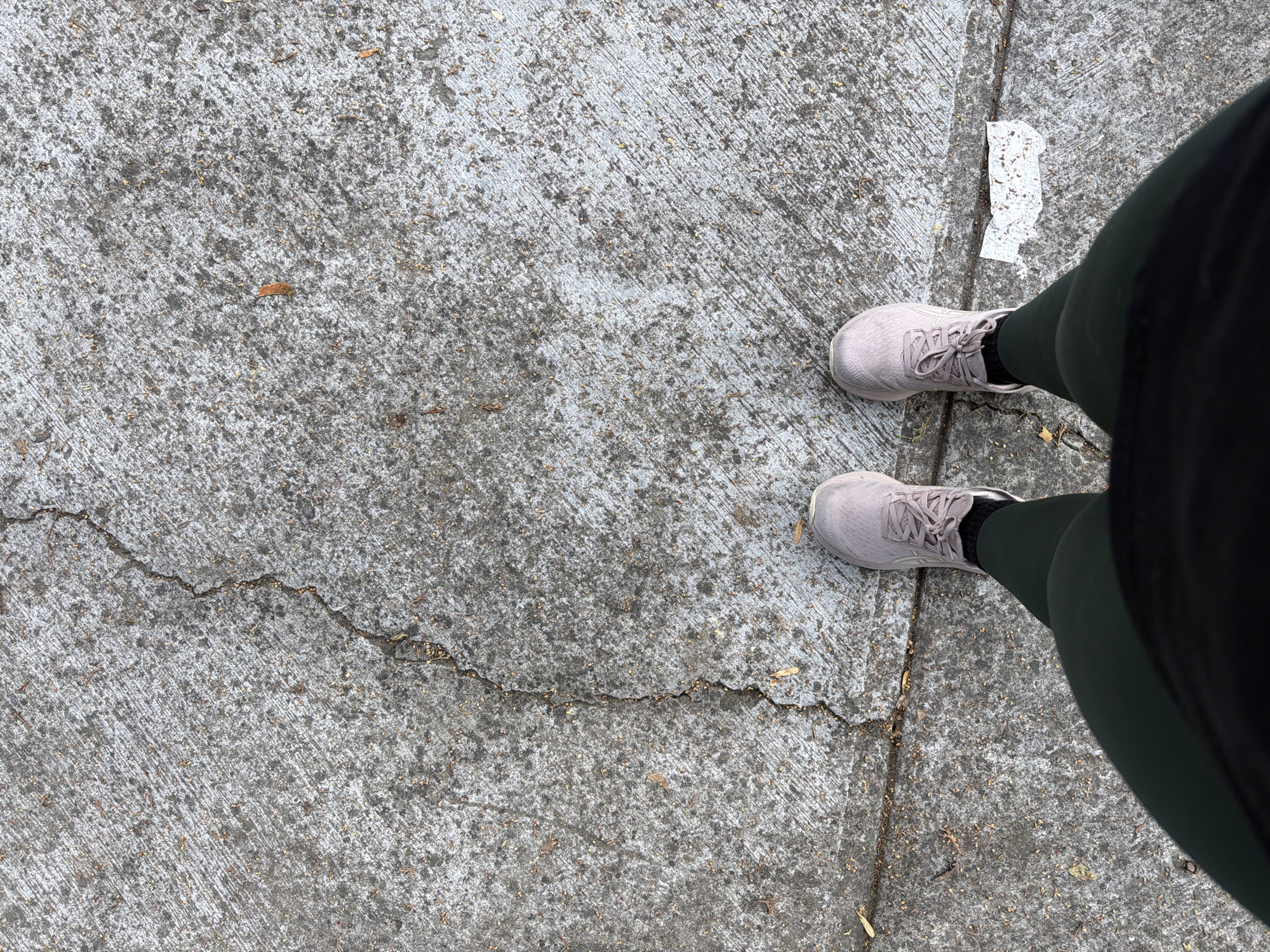 The image provides a top-down view of a person's lower legs and feet standing on a concrete surface, likely an outdoor path or sidewalk in Puebla, Mexico. The person is wearing dark green leggings and light gray athletic shoes with white soles and laces. A subtle "N" logo, possibly for New Balance, is visible on the side of the left shoe.
The concrete ground features a rough, textured finish with diagonal grooves, and appears weathered with various dark specks, likely dirt, small leaves, or seeds, scattered across its surface. A prominent, jagged crack runs horizontally across the mid-section of the concrete. To the right of the person's right foot, near a vertical seam in the concrete, lies a small, irregularly shaped piece of torn white paper with dark flecks on it.
The scene is brightly lit, indicating a daytime setting with clear weather. The person appears to be standing still, possibly pausing during a walk or run. Beyond the "N" logo on the shoe, no other discernible text is visible.