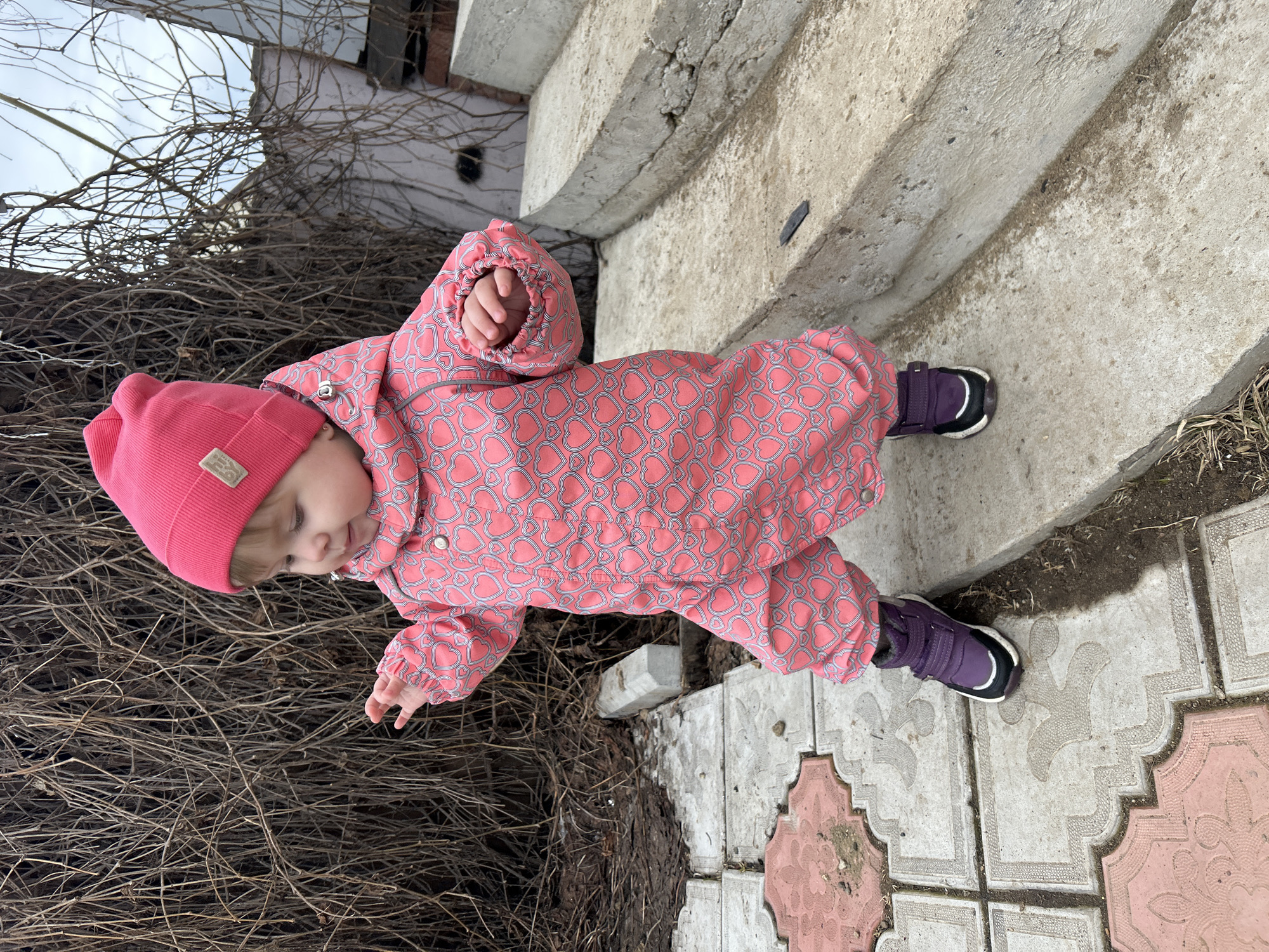 A toddler in a pink heart-patterned snowsuit and pink hat stands outdoors in Ольховка, Russia. The child is positioned between a patch of dry, intertwined branches and a set of concrete steps with decorative paving stones. The toddler is looking down, gesturing with their right hand towards the branches. The steps lead towards a building, with a partial view of the building's exterior visible. The weather appears to be cold.