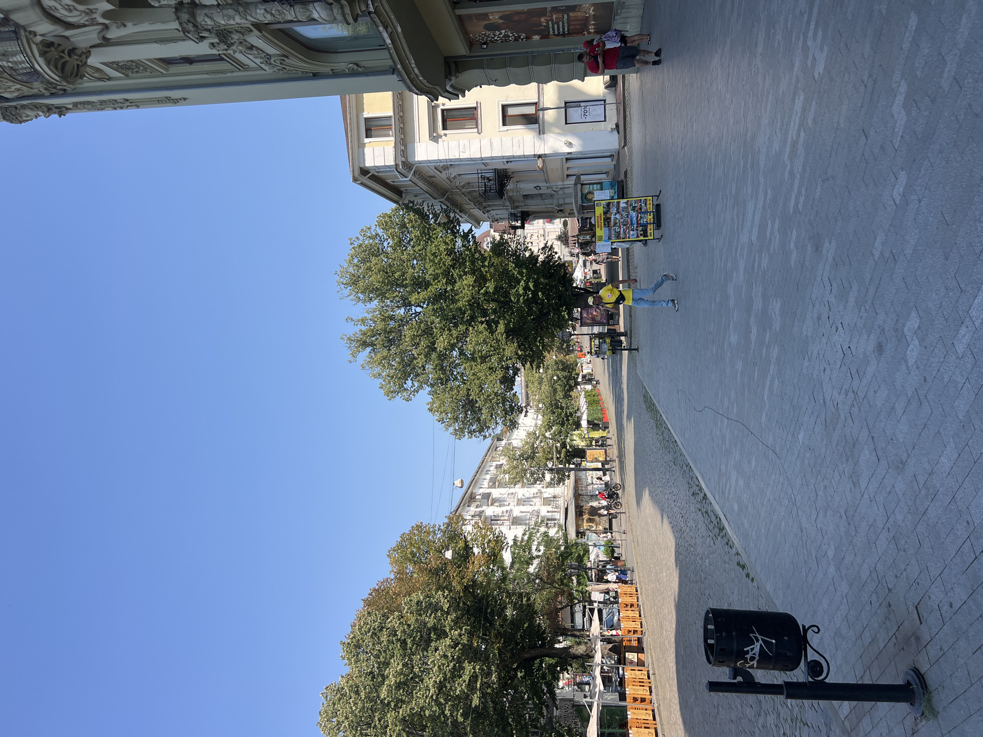 An outdoor shot captures a bustling pedestrian street in Odesa, Ukraine, under a clear blue sky. The street is paved with grey cobblestones, and lined with trees, buildings, and outdoor seating areas for cafes.
In the foreground, a black trash can with graffiti stands to the left, its base rooted in the pavement. Further down the street, several people are seen walking and interacting. A man in a yellow shirt and blue jeans walks towards the camera, while a couple in red and white outfits is seen further to the right. A motorcycle is parked on the right side of the street.
Buildings line both sides of the street, featuring a mix of architectural styles. On the left, a white building with multiple balconies stands tall, while on the right, a lighter-colored building with decorative elements is visible. Various shops and cafes are set up along the street, with tables and umbrellas indicating outdoor dining areas. Promotional displays and signs are also present, some advertising tours and services.
The overall impression is a vibrant urban scene on a sunny day, with everyday city life unfolding on the pedestrian street.