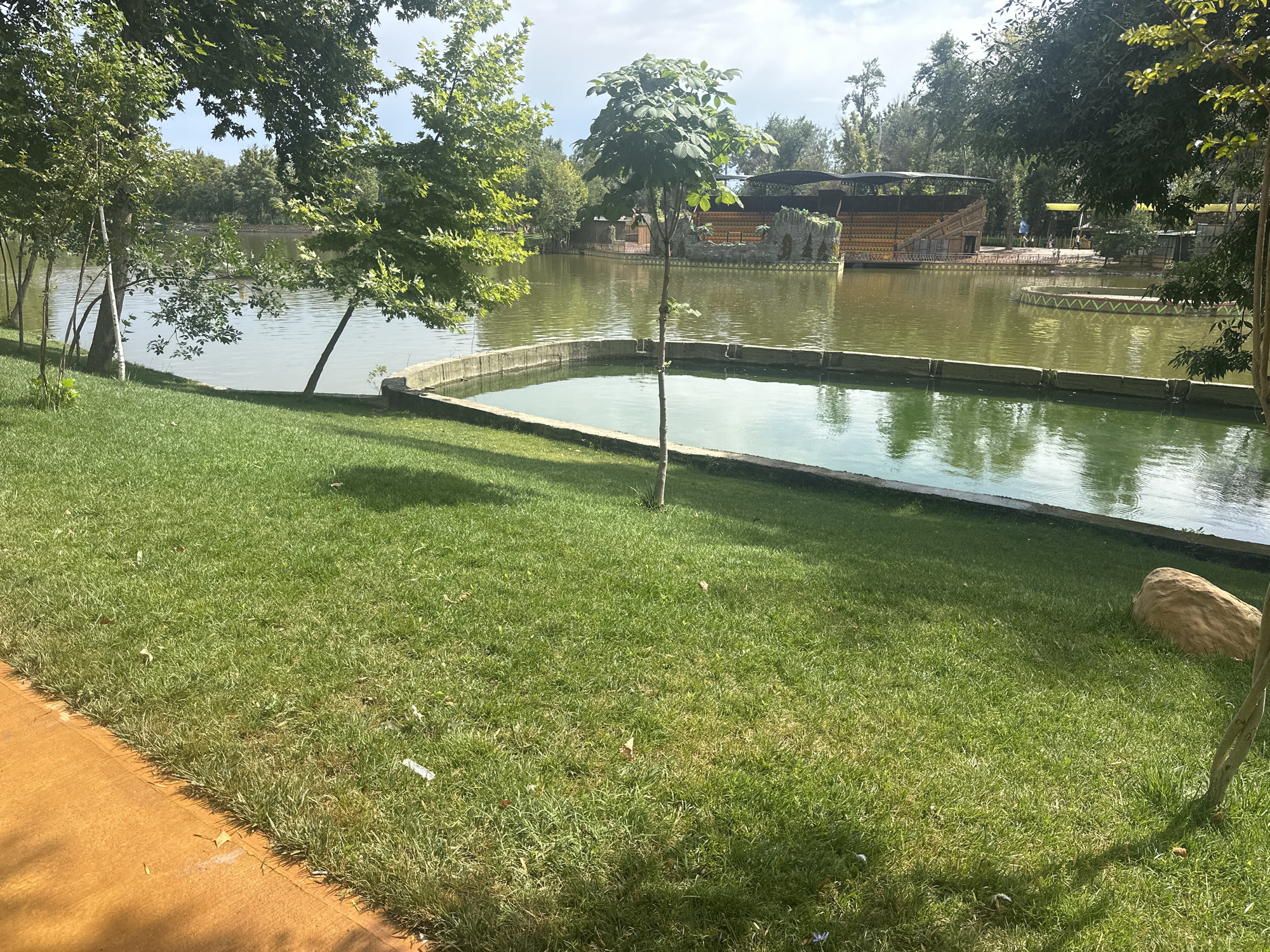 The image depicts a serene park scene with a body of water, likely a pond or lake, as the central feature. Lush green grass covers the foreground, with a pathway or paved area visible along the left edge. Several trees with dense foliage are scattered throughout the scene, casting dappled shadows on the grass.
In the middle ground, a section of the pond is bordered by a low concrete wall, with a smaller, shallow pool within it. The main body of water stretches further back, with a larger, natural-looking island or structure featuring layered seating and decorative elements. A few trees are also present on this island, and a dark canopy stretches over part of it. A tall, slender tree stands in the foreground, positioned slightly to the right of center, drawing the eye towards the water.
In the distance, more trees and structures are visible, suggesting a park or recreational area. The water has a greenish hue, reflecting the surrounding greenery and the sky. A large, light-colored rock or log rests on the grass in the right foreground.
The overall atmosphere is tranquil and natural, suggesting a pleasant day for outdoor activity. The lighting indicates it is daytime, possibly late morning or early afternoon, with bright sunlight. The sky appears partly cloudy. No people are prominently visible, though a few figures might be present in the distant background near the island structure. There is no visible text in the image. The location context suggests this scene is from Tashkent, Uzbekistan.