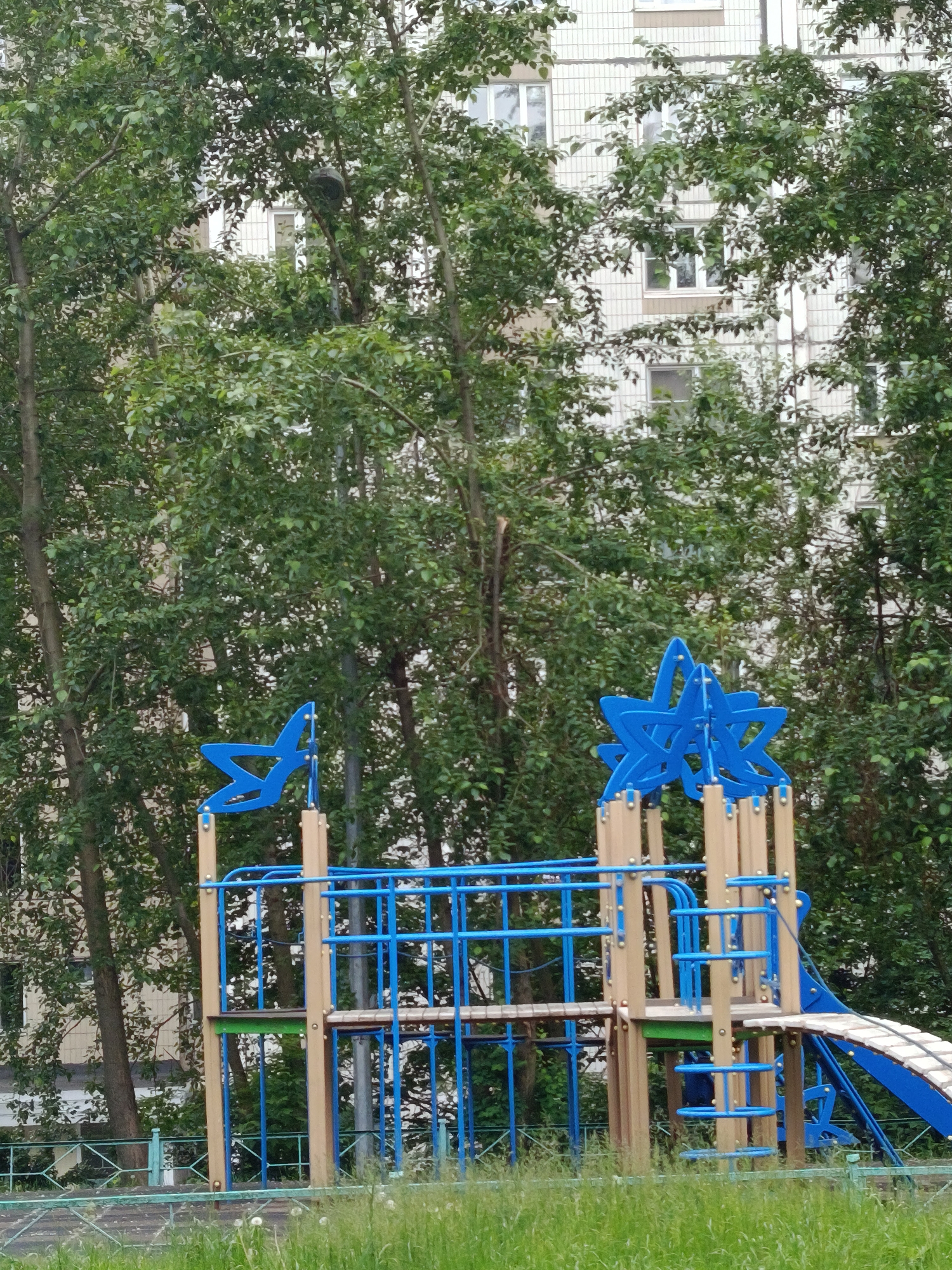 This vertical medium shot captures an outdoor scene, likely a residential courtyard or park in Moscow, Russia. The primary subject is a children's playground structure situated in the foreground and midground. It is constructed with light brown, wood-like posts and vibrant blue metal railings, ladders, and a blue slide. Distinctive blue star-shaped decorations adorn the top of the playground's upright supports.
Dense green foliage from numerous deciduous trees frames the playground and fills much of the background. Peeking through the tree cover in the background is a multi-story apartment building, characterized by its light-colored facade (possibly white or beige) and multiple rectangular windows, some of which appear to have white frames. The building's exterior features a subtle ribbed or grooved texture.
In the immediate foreground, green grass interspersed with white dandelion puffs is visible, separated from the playground by a low, green metal fence. High in one of the trees to the left, a dark, spherical object, possibly a bird's nest, can be seen nestled among the branches.
The scene appears tranquil, as no people are present. The lighting is soft and diffused, suggesting an overcast day or a time of day when the sun is not directly overhead. There is no visible text in the image. The overall impression is one of a typical, quiet daytime urban setting.