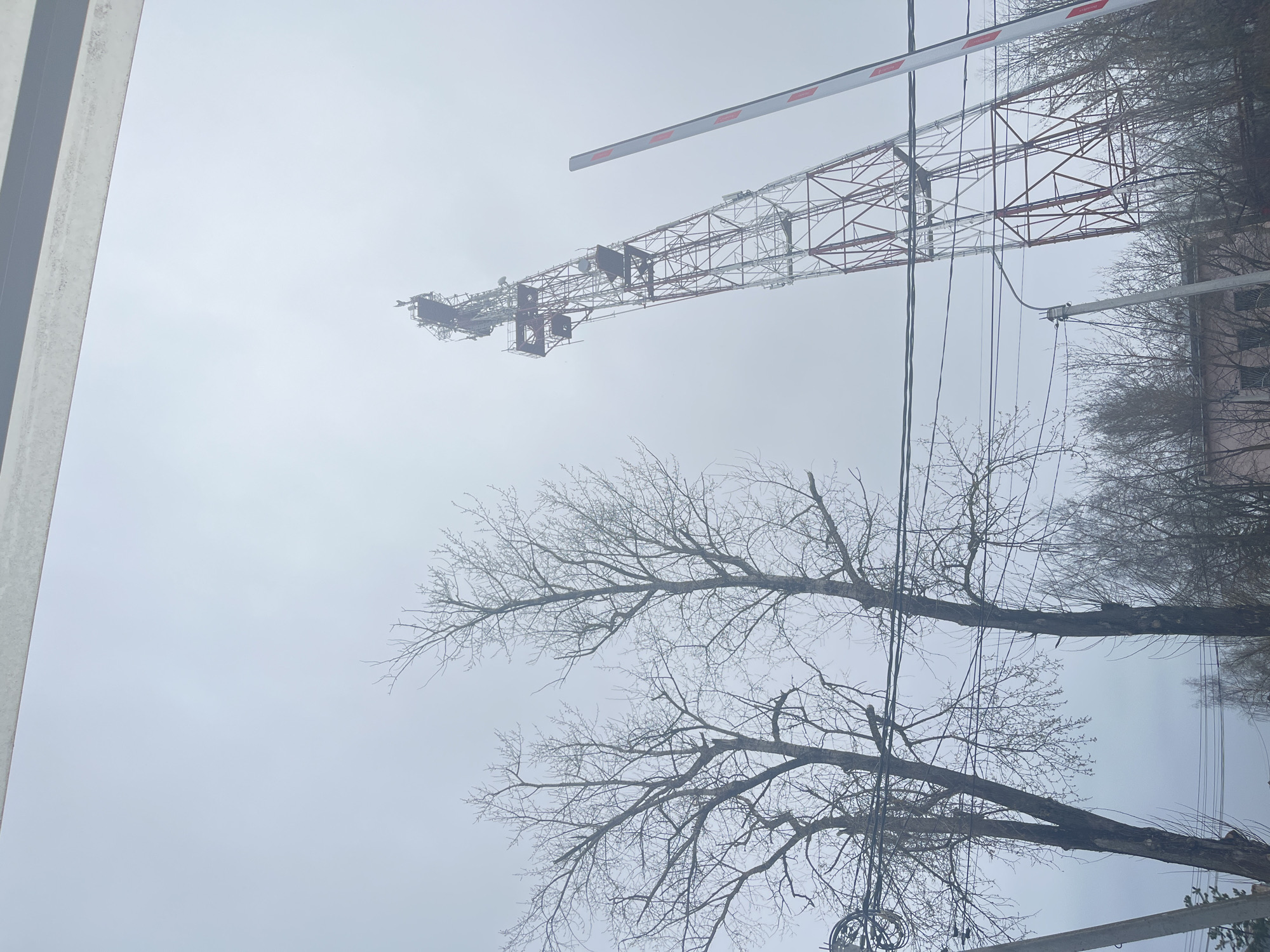 The image shows a low-angle view of the sky in Klin, Russia. Visible in the foreground are bare trees with tangled branches and electrical wires. In the background, there is a lattice-structured metal tower, partly obscured by fog or haze. A red and white striped barrier arm is positioned above the tower. The weather appears overcast or foggy. A building is partially visible on the right.