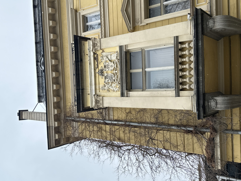 The image displays an upward-angled view of the upper facade and roofline of a multi-story building located at ul. "Shipka" 4 in Sofia, Bulgaria, which serves as the Austrian Embassy. The building exhibits a classical architectural style, painted in a faded yellow or ochre hue with off-white trim.
The prominent features include a heavy, ornate cornice with dentil-like moldings below a dark, possibly mansard-style roof. A grey, rectangular chimney stack rises from the roof on the left side. A grey metallic downspout runs vertically along the left corner of the building, heavily intertwined with dense, leafless bare vines that cling to the facade and extend towards the roof.
Below the main cornice, a projecting balcony structure is visible. It features a decorative white relief panel centered above a large rectangular window with multiple panes, reflecting a bare tree and a grey sky. The relief panel displays two crowned escutcheons (coats of arms) flanked by a lion rampant on the left and a winged figure (possibly an angel) with a shield on the right. This entire central element is framed by two fluted pilasters topped with ornate Corinthian-style capitals. The yellow paint around this decorative panel shows significant peeling and deterioration.
Beneath this window and panel, a stone balcony with a balustrade featuring multiple balusters projects outward, supported by two prominent, carved stone corbels. A small white security camera is mounted on the underside of the balcony structure, towards the right. Another rectangular window, less prominently detailed, is partially visible to the right of the main balcony. The sky is uniformly overcast and light grey, suggesting a dull or winter day. No individuals or specific actions are visible in the scene.