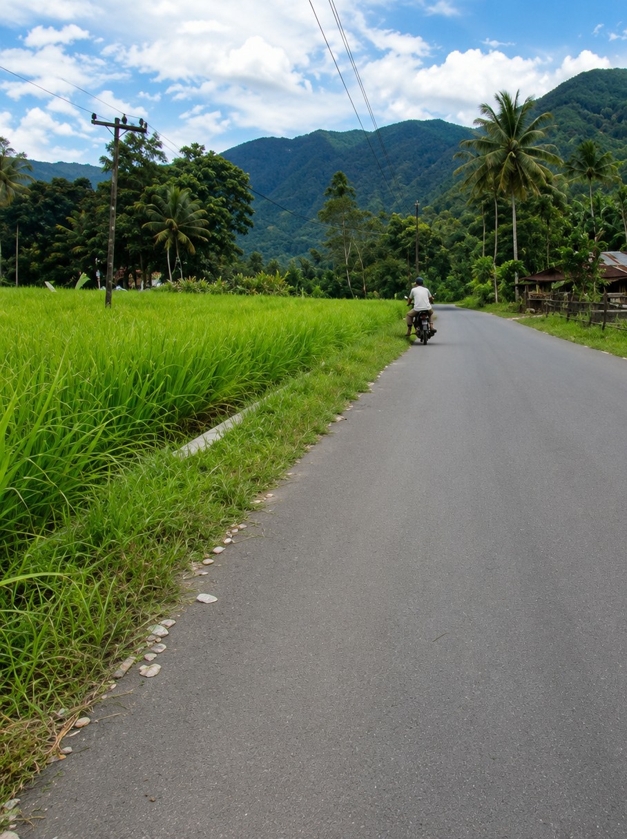 In the city of Sosor Dolok, Indonesia, a lone motorcyclist wearing a white shirt and dark pants rides down a paved asphalt road. The road is flanked on the left by a vibrant green rice paddy, separated from the road by a low concrete border and a strip of grass. On the right side of the road, a wooden fence encloses a cluster of simple structures, partially obscured by dense foliage. In the background, a verdant mountain range rises, covered in lush trees that extend to the horizon under a partly cloudy blue sky. Telephone poles with visible wires are present on the left side of the image, adding to the rural atmosphere. The scene captures a peaceful, everyday moment in the Indonesian countryside.