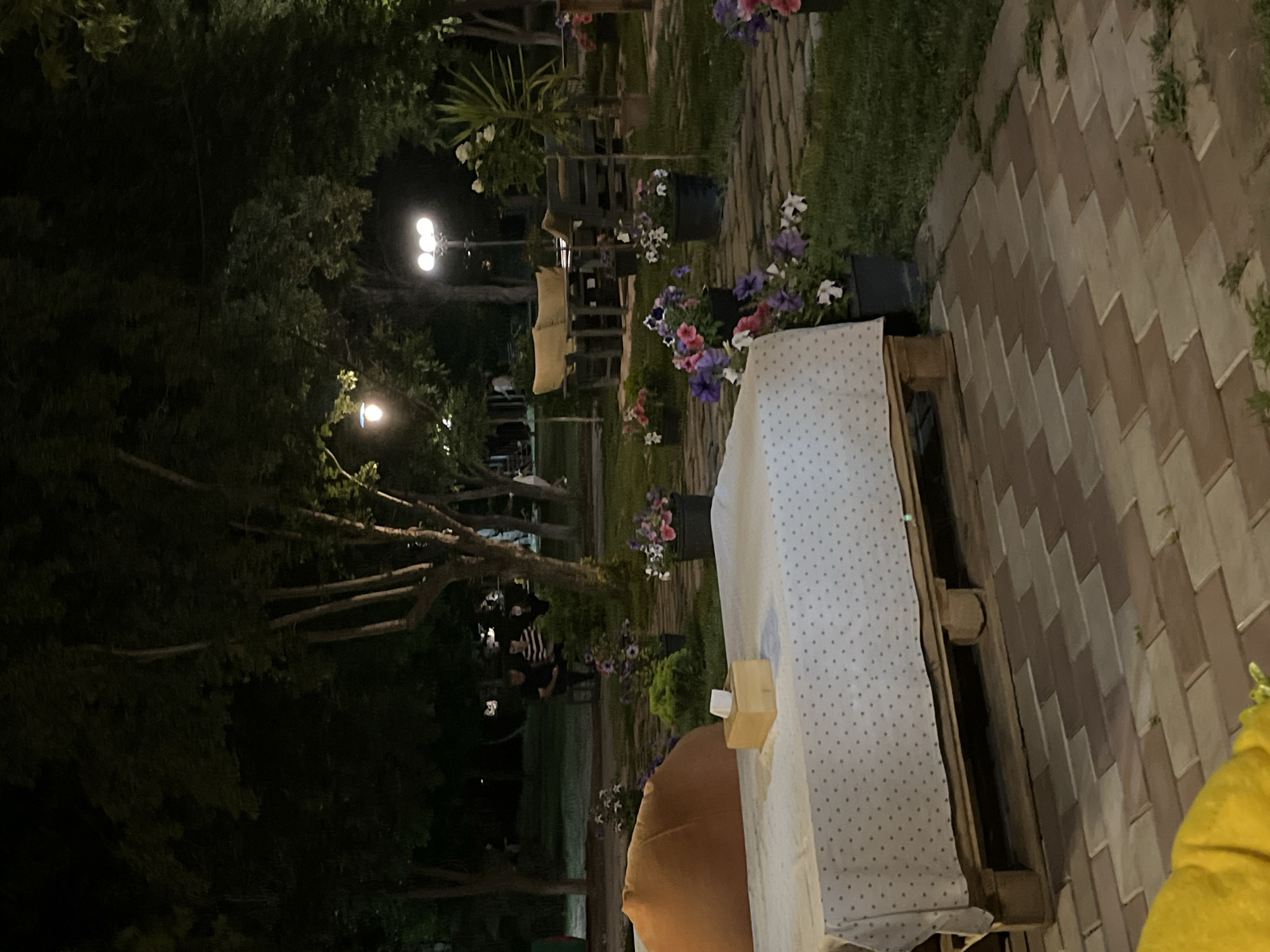This media file depicts an outdoor seating area at night, possibly a restaurant or cafe in Gladzor, Armenia. The scene is illuminated by warm artificial lights, including a triple-headed lamp post and smaller garden lights. Lush green trees and various potted flowers, including vibrant purple and pink petunias, contribute to a cozy and inviting atmosphere. A paved walkway made of interlocking tan and brown rectangular stones runs through the scene, bordered by a manicured lawn.
In the foreground, a table is set with a white tablecloth patterned with small grey dots. A small wooden dispenser, likely for napkins or sugar packets, sits on the table, along with a white paper item. A section of a large, cushioned seat, possibly an armchair or sofa, is visible in the bottom right of the frame, appearing to be a golden or tan color. The table itself appears to be constructed from wooden pallets.
Further in the background, there are several outdoor seating arrangements, including chairs and what looks like a bench or lounge chair covered with a light-colored cushion. Several people are visible in the middle ground, indistinctly illuminated by the lights, engaged in conversation or dining. The presence of trees and the stone pathway suggest a garden or patio setting. The overall mood is relaxed and pleasant, indicative of an evening gathering. There is no visible text in the media file.