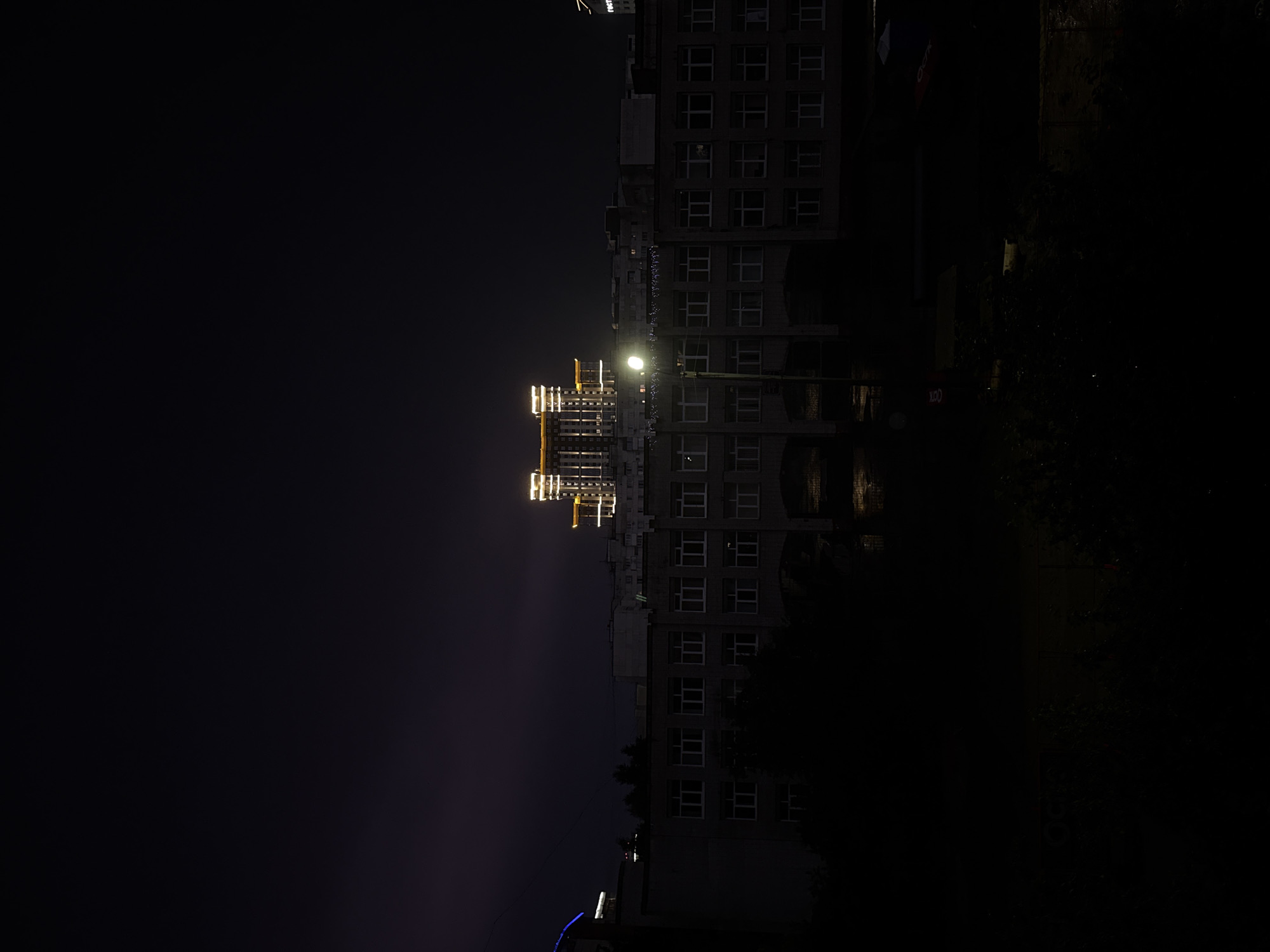 The image shows a cityscape at night. In the foreground, a dark silhouette of trees and foliage obscures the lower portion of the scene. Above the trees, a large, multi-story building with numerous rectangular windows is visible. The facade of this building appears to be made of light-colored brick. A street lamp with a bright light stands to the left of the center, illuminating the immediate area.
In the background, several other buildings rise above the foreground structure. The most prominent of these is a modern high-rise building with illuminated upper floors. This building features horizontal bands of light that highlight its architectural design. To the right of this high-rise, another building with illuminated signage, possibly a hotel, is partially visible. The sky above is dark, with a subtle purple hue near the horizon, suggesting twilight or light pollution. The overall impression is of an urban environment at night, with man-made structures illuminated against the dark sky.