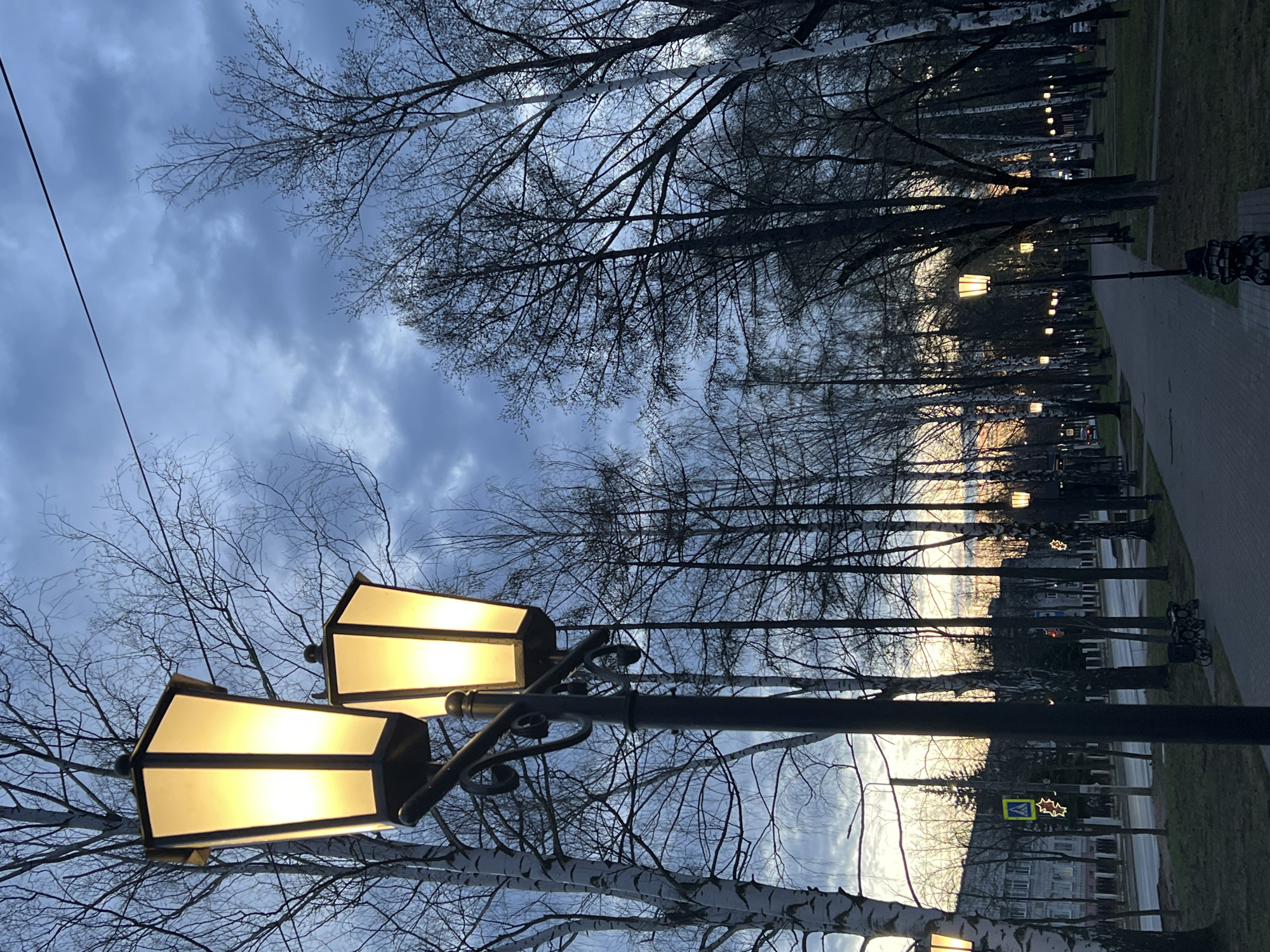 The image depicts an outdoor park or street scene in Chaikovsky, Russia, at dusk or early evening. The sky is a muted grey-blue with visible clouds, and a soft, orange-pink glow of sunset is visible on the horizon in the distance.
In the foreground, two prominent street lamps with warm, yellow light illuminate the scene. They feature a classic design with rectangular, frosted glass panels. Numerous bare deciduous trees, including several with characteristic white birch bark, dominate the view, their intricate networks of branches silhouetted against the sky.
A paved pathway stretches into the distance, lined on both sides by more trees and street lamps, which recede in perspective. The glowing lamps create a sense of depth and warmth against the cool evening light. In the mid-ground, grassy areas are visible between the path and the trees.
Further in the background, dimly lit buildings can be seen beyond the tree line, suggesting an urban or suburban setting. A yellow pedestrian crossing sign, featuring a walking figure, is visible on the right side of the path in the distance. Notably, this sign and other distant light sources appear to be decorated with illuminated star-shaped motifs, possibly indicating a festive period or decorative city lighting. The overall atmosphere is quiet and tranquil, typical of an early evening in a park during late autumn, winter, or early spring, given the bare branches of the trees.