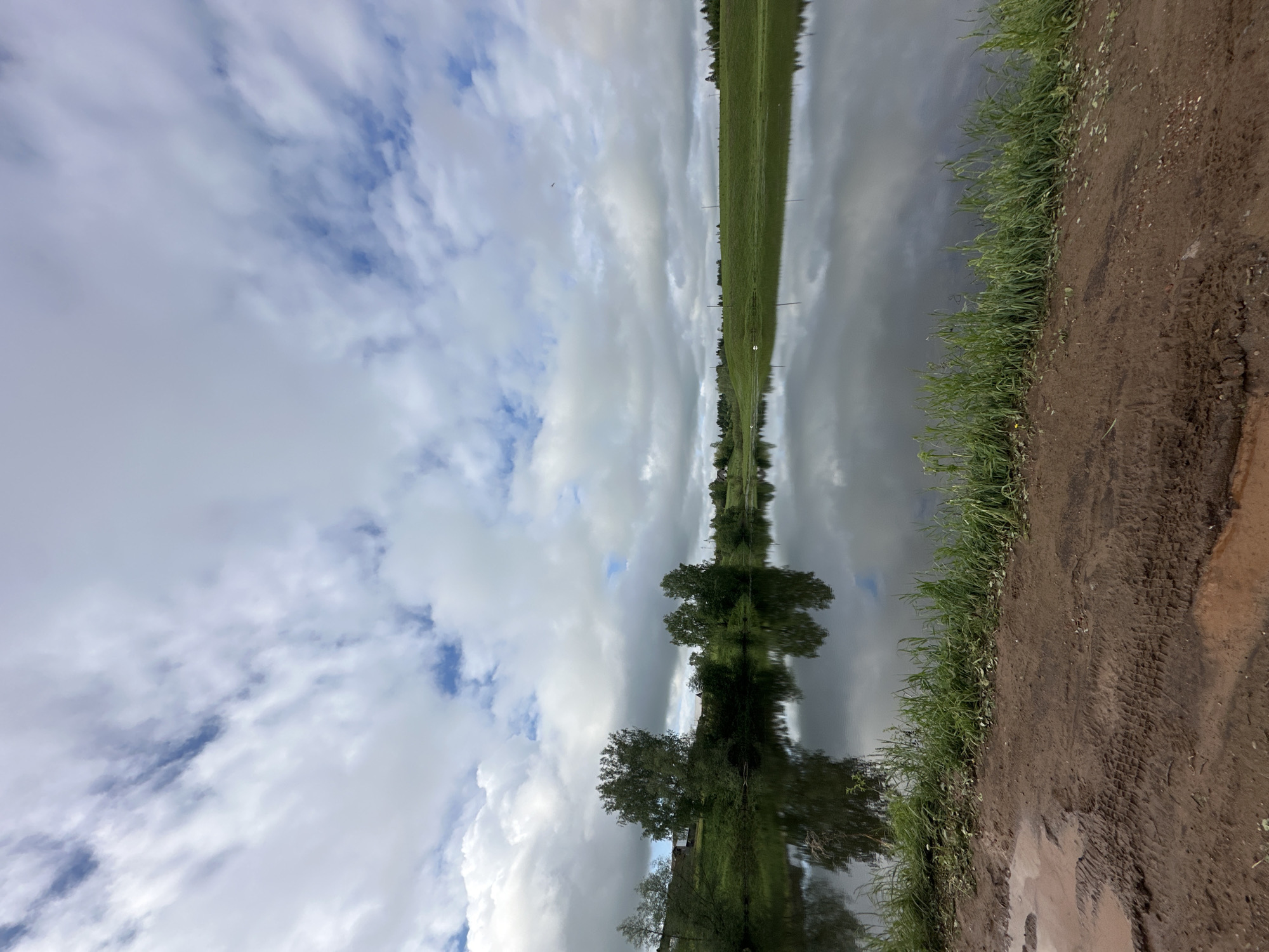 The image depicts a landscape with a body of water reflecting the sky and surrounding scenery. The sky is overcast with clouds. The reflection on the water mirrors the sky, trees, and a field. A dirt path runs along the edge of the water. The location is possibly near Среднее Кечево, Russia.