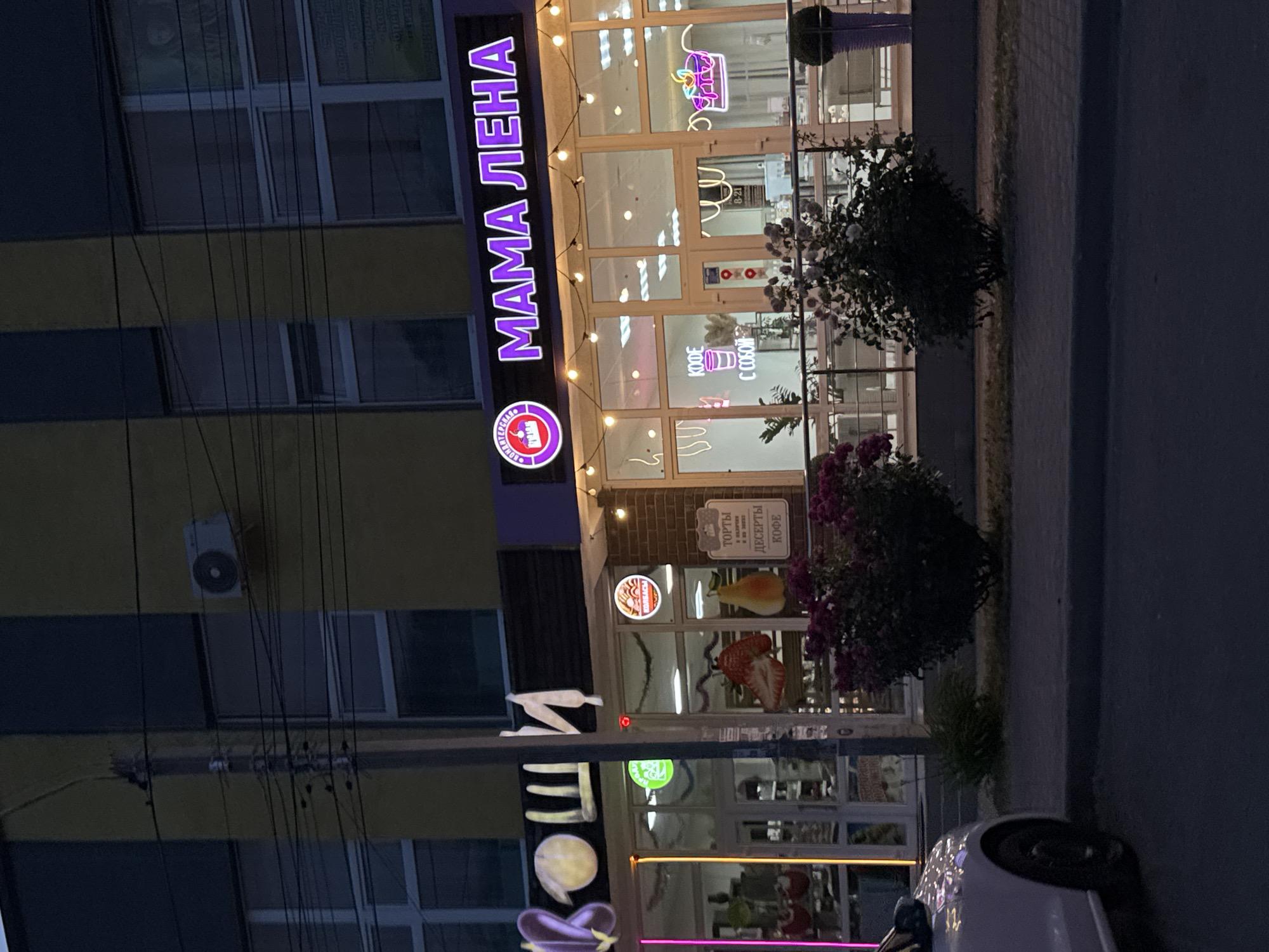 This is a nighttime, slightly angled, vertical photograph of the exterior of a business called "МАМА ЛЕНА" (Mama Lena). The business appears to be a bakery or cafe, as indicated by the text on its signage, which includes "ТОРТЫ" (Cakes), "ДЕСЕРТЫ" (Desserts), and "КОФЕ" (Coffee). There are also neon signs with graphics of a coffee cup and a pastry.
The building has large glass windows, through which some of the interior of the shop is visible, including shelves and displays. String lights are hung across the facade, adding to the evening ambiance. In front of the shop, there are hanging baskets with flowering plants, some of which are a deep pinkish-purple.
To the left of the "МАМА ЛЕНА" sign, there is a circular logo with Cyrillic text that is partially obscured but appears to be related to baked goods. Further to the left, on the building's facade, there are windows and what appears to be an air conditioning unit. There are also numerous black electrical wires running across the front of the building.
On the right side of the image, a portion of a white car is visible. The overall impression is that of a cozy, illuminated shop open for business in the evening. The location is Mikhaylovsk, Russia.