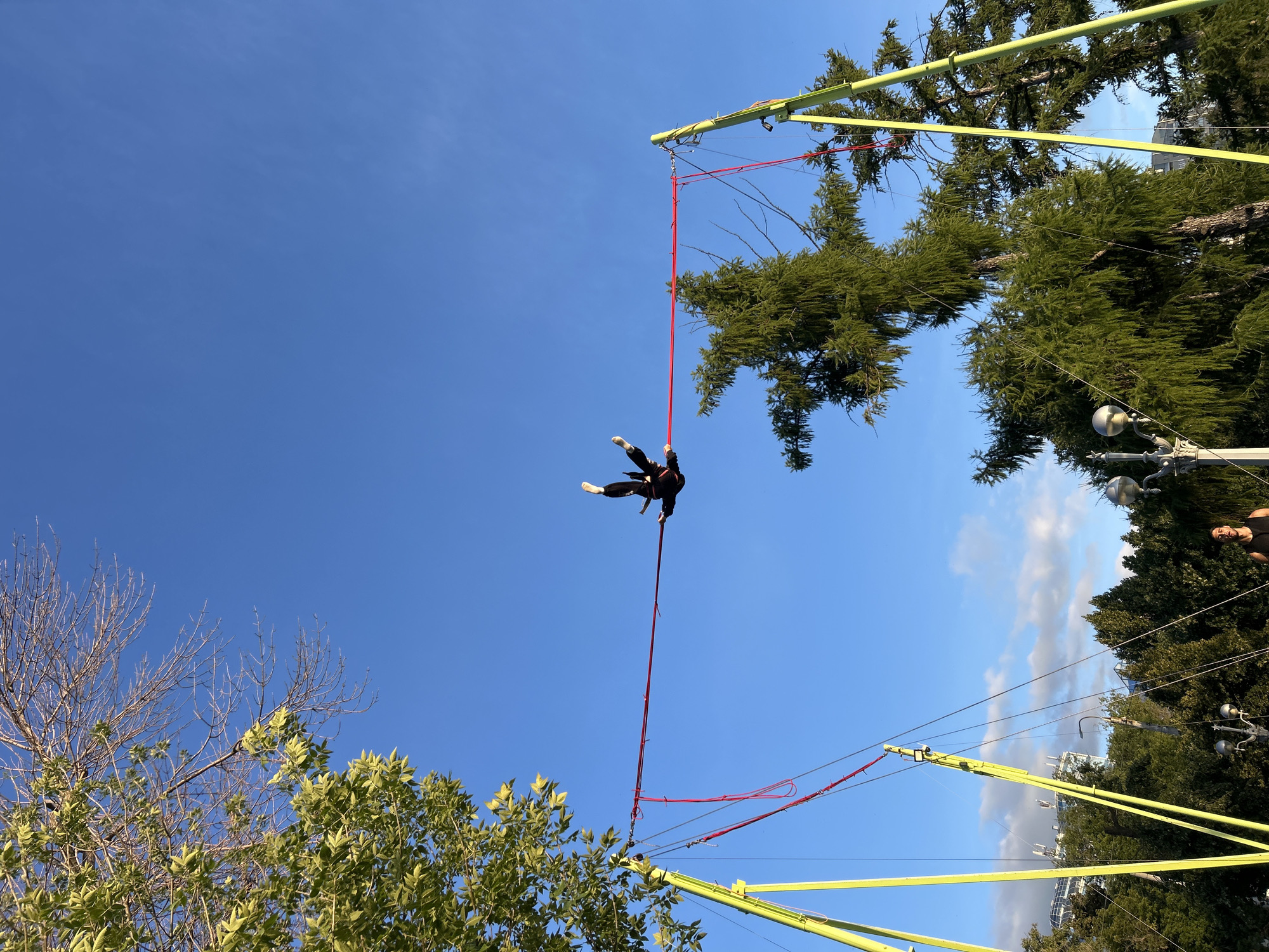 In this photograph, a person is suspended in mid-air, seemingly engaged in a bungee jumping or similar activity. The individual is dressed in dark clothing with white accents on their feet, and their body is positioned in a dynamic, spread-eagle pose, suggesting movement and perhaps exhilaration. They are attached to a red cord that extends upwards to a yellow bungee apparatus.
The scene is set against a clear, bright blue sky, indicating daytime with good weather conditions. Lush green trees frame the edges of the image, with some bare branches also visible, suggesting it might be early spring or late autumn. The bungee equipment, primarily yellow beams and red cords, is a prominent object in the scene. The perspective is from below, looking up towards the person and the sky, emphasizing the height and the act of suspension.
While the specific location is Novokuybyshevsk, Russia, there are no explicit text elements visible in the image to provide further context or details. The overall mood conveyed is one of adventure and freedom, captured in a moment of aerial suspension.