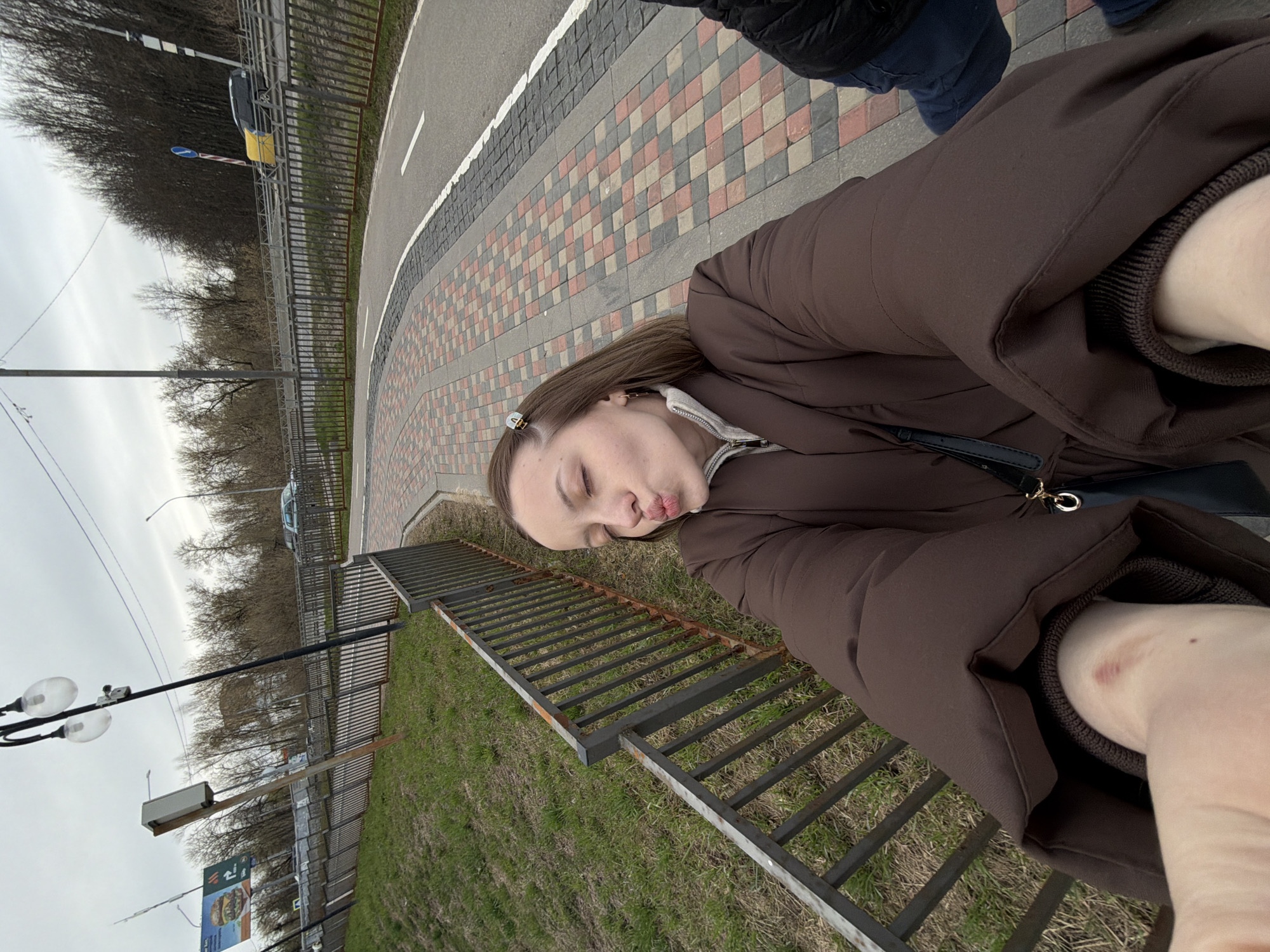 A young woman in a brown puffer jacket is taking a selfie outdoors in Klin, Russia. She stands adjacent to a sidewalk paved with a pattern of red, white, gray, and black tiles, next to a road with a white line marking a bike lane. A metal fence separates the sidewalk from a grassy area. Behind the fence, trees stand bare, with a gray sky overhead. Streetlights are visible in the background. A sign displaying an advertisement for a burger is also visible in the lower left. Another person partially enters the frame in the upper right corner, wearing a dark jacket and blue jeans.