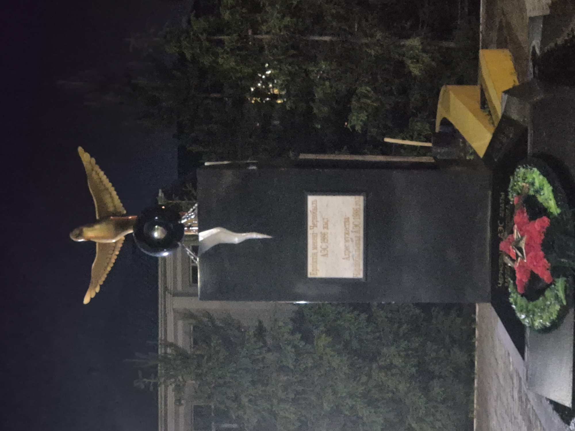 The image depicts a monument in Kokshetau, Kazakhstan. The monument has a black base with a plaque and a golden bird with spread wings attached. A round object, possibly a sphere, is situated between the bird and the plaque. A white, ribbon-like element is also present on the monument. A wreath with a red star is visible to the right of the monument. Behind the monument, there are trees and a building. The sky is dark, suggesting the image was taken at night.