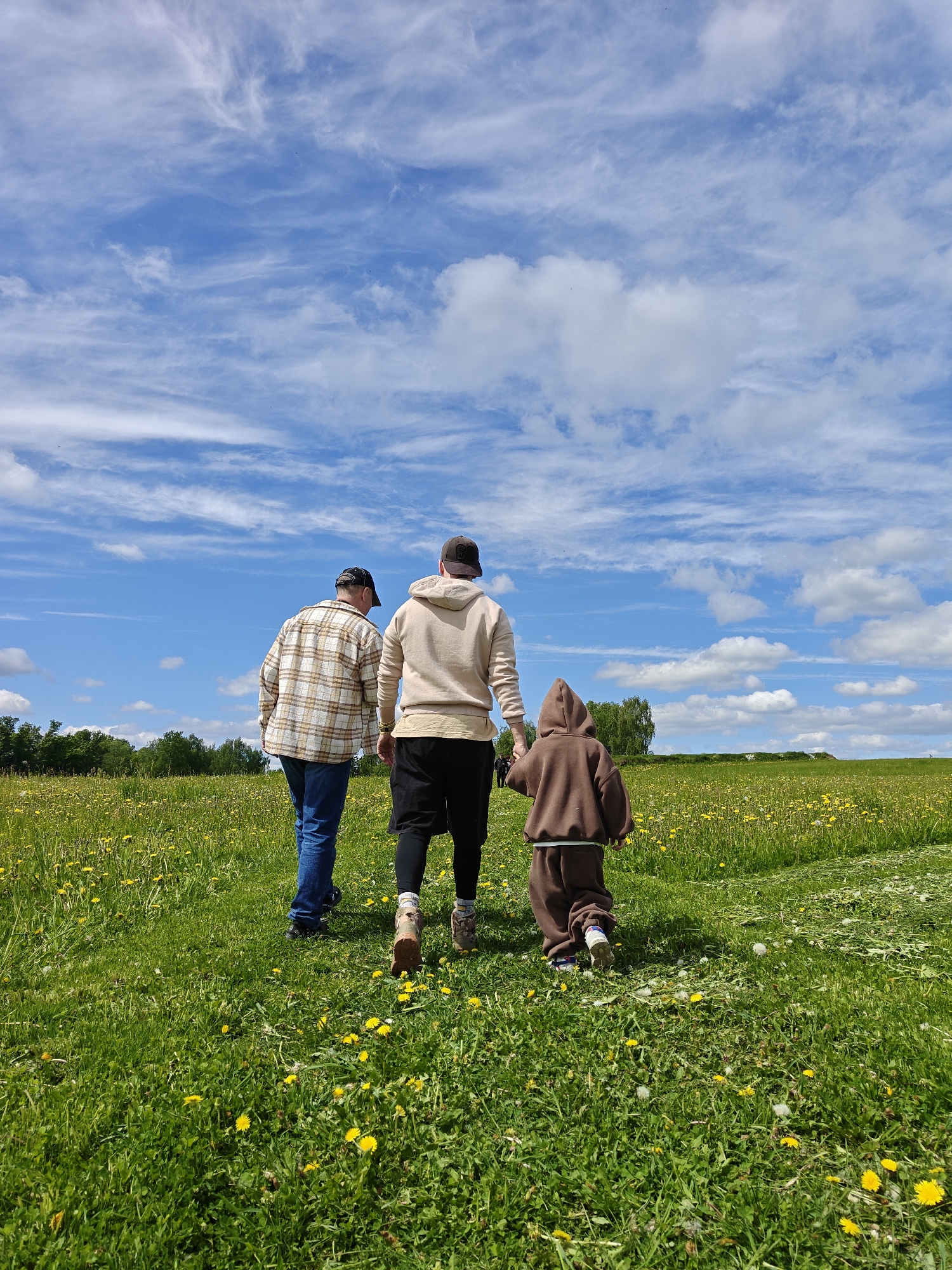 Three individuals are depicted from the rear, traversing a grassy field. The foreground is characterized by abundant green grass intermingled with yellow flowers. A path is visible leading through the field. The first individual is wearing a plaid shirt, jeans, and a baseball cap. The second individual is wearing a light-colored hooded sweatshirt and dark pants. The third, a child, is wearing a brown hooded jumpsuit. The sky above is blue with scattered clouds. A row of trees can be seen in the distance. The location is unspecified.