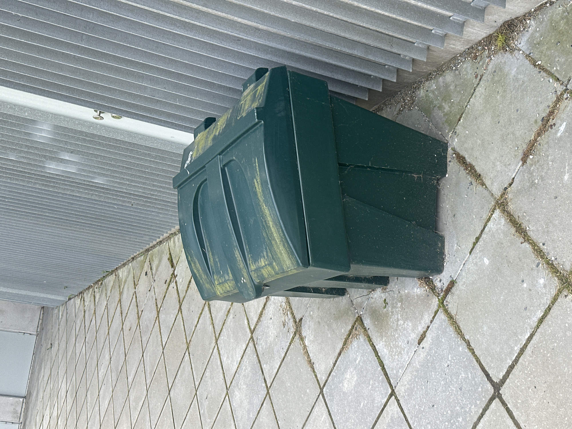 In Tallinn, Estonia, a dark green plastic container, possibly a waste bin or storage unit, stands on a paved outdoor area. The container has a ridged lid and four legs, and appears to be slightly weathered with some greenish discoloration. It is positioned next to a corrugated metal wall, with a tiled ground surface extending to the left. The tiles are laid in a diagonal pattern and have some moss and debris in the grout lines. The overall environment suggests an urban or industrial setting, possibly a side alley or backyard. No people are visible in the image.