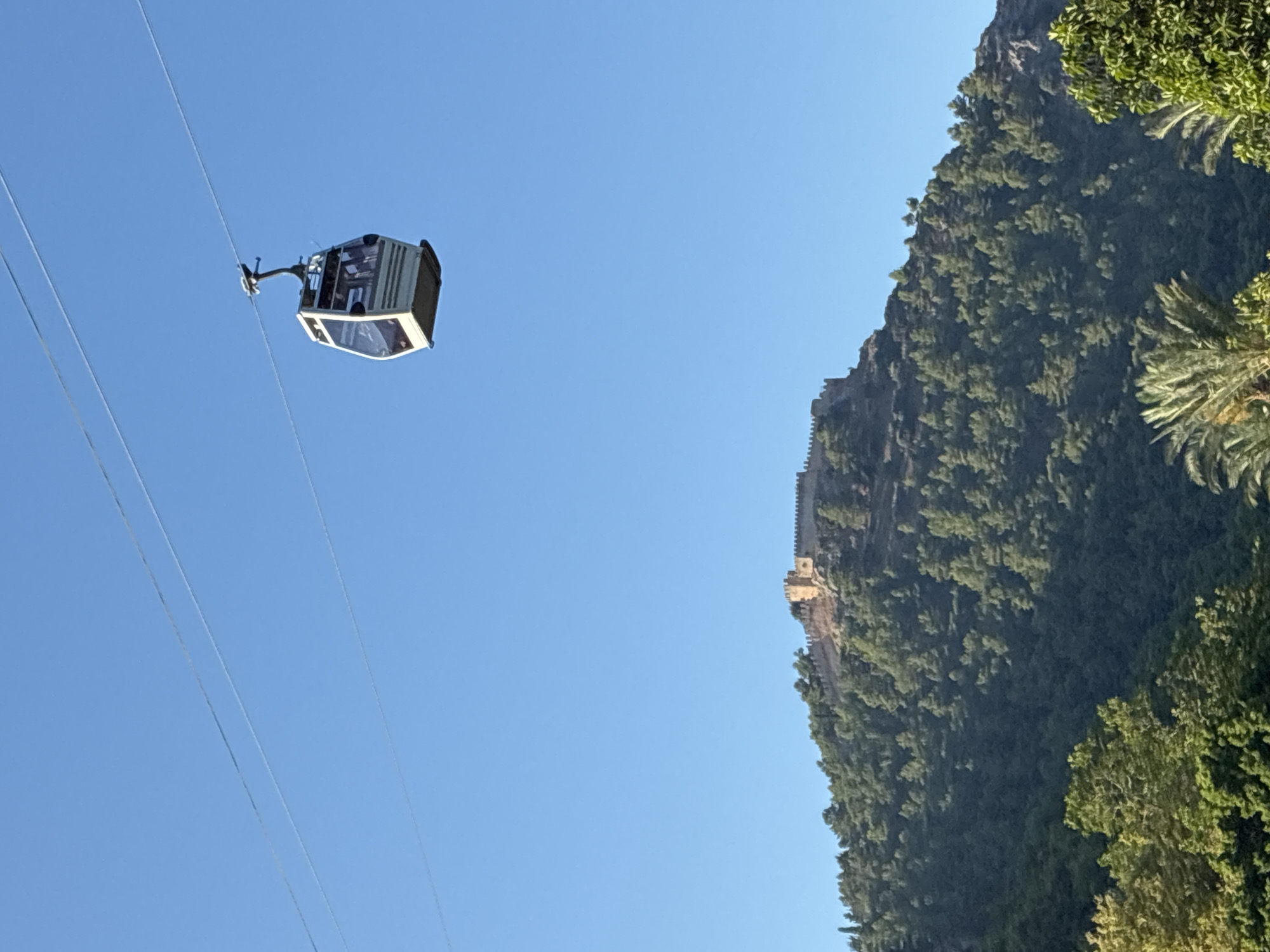 The image captures a scenic view of Alanya, Turkey, featuring a cable car ascending against a clear blue sky. Below the cable car, a lush green hillside is adorned with a dense forest of pine trees. Atop the hill, an ancient stone castle complex stands, its weathered walls and structures a testament to history. The cable car, a modern mode of transport, is positioned mid-air, suspended from cables that stretch across the frame. The contrast between the historical castle and the contemporary cable car, set against the natural beauty of the landscape, creates a compelling visual narrative of Alanya's rich heritage and modern appeal.