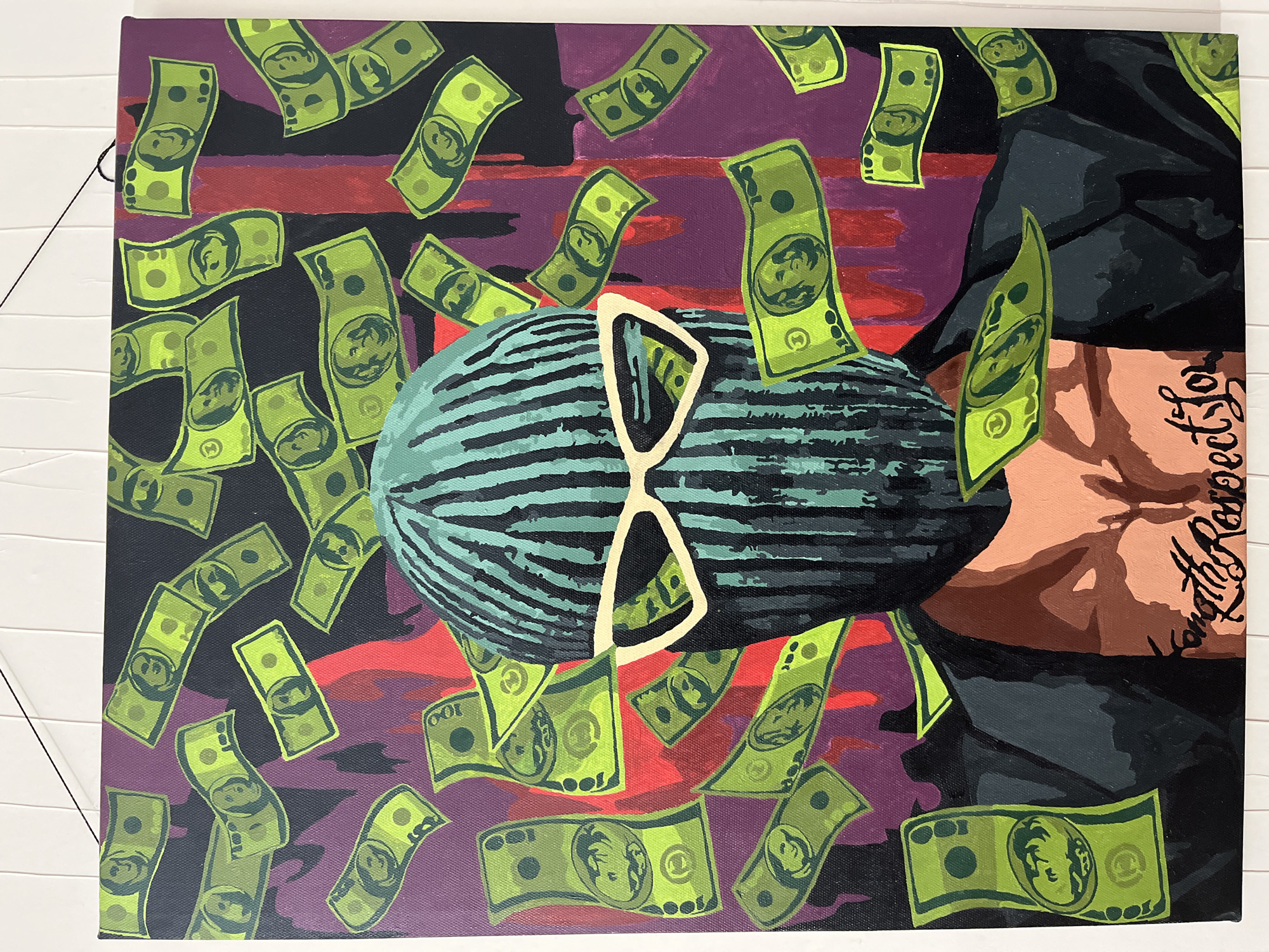 The image is a painting featuring a person holding a watermelon with sunglasses on it, surrounded by falling US dollar bills. The background is a mix of black, purple, and red tones. The person's skin is a light brown color, and they appear to have a tattoo on their neck or upper chest that reads "Loyalty Respect Love." The watermelon is striped in shades of green, gray, and black, and the sunglasses are a light beige color. The dollar bills are green with images of presidents on them.
There is no evidence of the location of Ореховка, Russia.