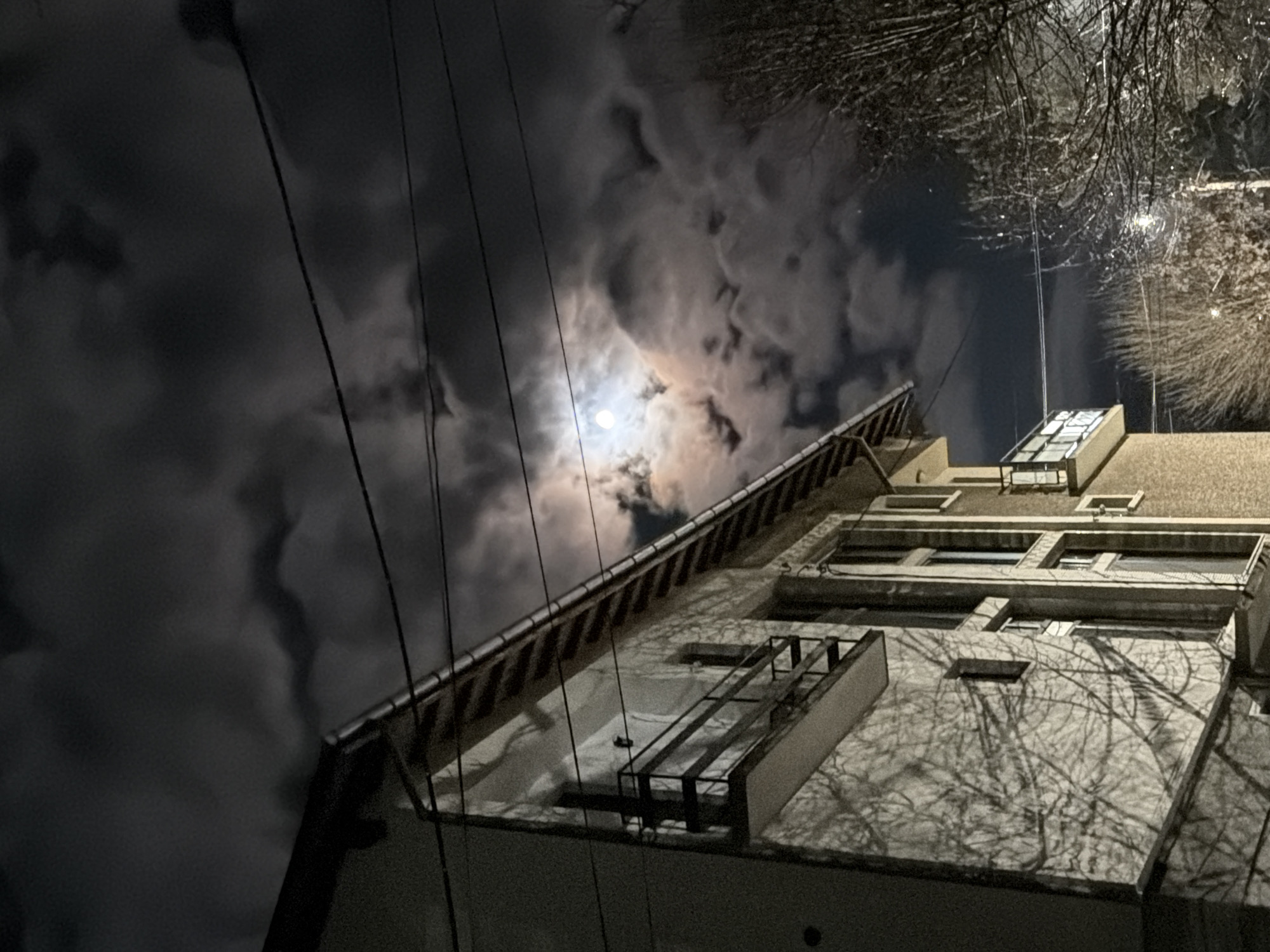 An upward-looking night shot reveals a building in Velingrad, Bulgaria, with power lines obstructing the view of a moon partially obscured by clouds. The building's architecture is visible, including windows and a rooftop structure. Tree branches are visible in the upper portion of the frame, casting shadows on the building's facade. A streetlight is present near the tree branches. The overall scene appears to be urban and dimly lit.