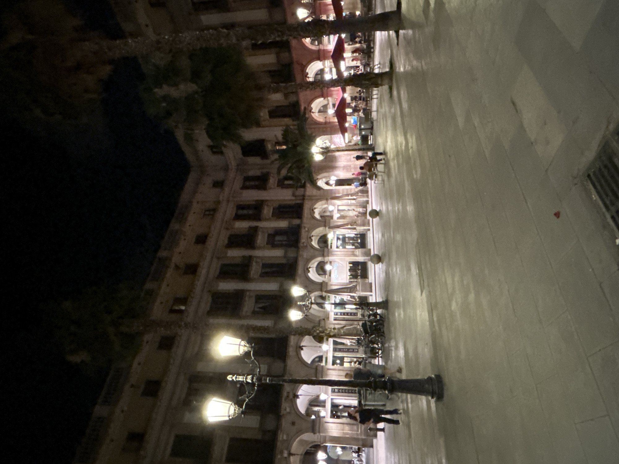 The image shows a night view of a public square in Barcelona, Spain, likely Plaça Reial due to the arcades and palm trees. The square is paved with stone tiles, which appear wet and reflect the ambient light. Several ornate lampposts illuminate the scene. In the background, a multi-story building with arched windows and balconies lines the square. Some of the ground-level arches appear to be entrances to establishments, with lighting visible inside. Red umbrellas and outdoor seating indicate cafes or restaurants.
In the foreground, two people are walking on the left side of the image. Further back, near some parked bicycles, two other individuals are standing. In the mid-ground, to the right, several people are seated at tables under the red umbrellas. A spherical object, possibly a decorative element or bollard, is visible on the ground to the right of center. Palm trees are scattered throughout the square, their fronds silhouetted against the dark night sky. The overall atmosphere is calm and illuminated.