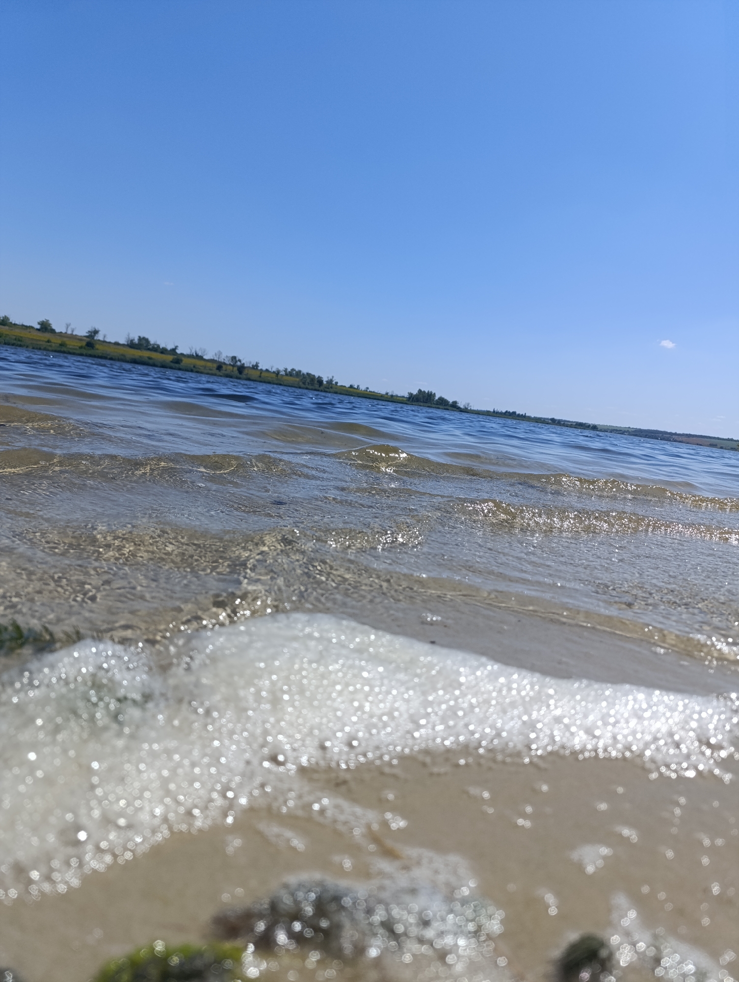 The image captures a low-angle view of a shoreline with clear, shallow water lapping onto a sandy beach. Gentle waves are visible in the foreground, creating a foamy edge where they meet the sand. Some patches of green algae or moss are present on the rocks and sand at the water's edge. In the background, a distant shoreline is lined with trees and vegetation under a bright, clear blue sky. The scene depicts a natural outdoor environment, likely a lake or riverbank. The location is identified as Bulatselivka, Ukraine.
