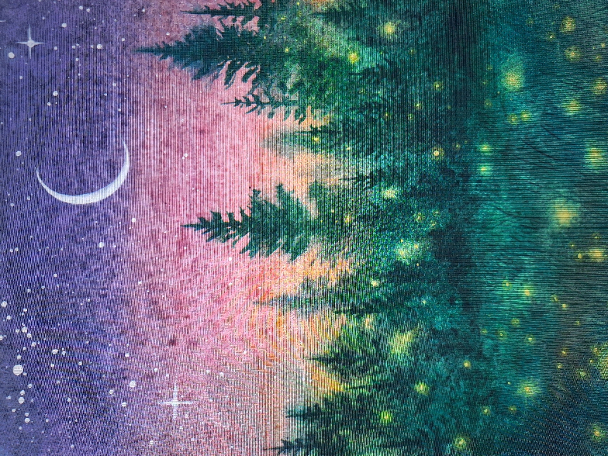 The image is a watercolor painting depicting a magical night scene. The sky is a gradient of deep purple at the top, transitioning to pink and then to a warm, yellowish-orange near the horizon. Numerous small white dots represent stars scattered across the sky, with a larger, four-pointed star on the left. A slender, white crescent moon is visible in the upper left quadrant. Below the sky, a dense forest of dark green pine trees rises from the foreground. The trees are silhouetted against the colorful sky, with some appearing more defined than others. Scattered throughout the forest and in the grassy foreground are numerous small, glowing yellow orbs, suggesting fireflies or other magical lights. The overall impression is one of enchantment and tranquility.
There is no information within the image or its description that would allow for the identification of a specific location in the city of Varna, Bulgaria.