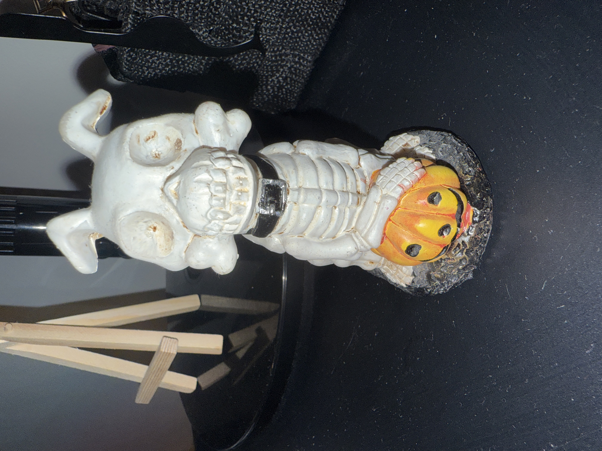 A white, skeletal dog figurine with a grinning jack-o'-lantern is positioned on a dark, speckled surface. The figurine is made of a material resembling bone, with visible ribs and a collar. The dog's head is a skull with large eye sockets and canine teeth. It is holding a small, orange jack-o'-lantern with a carved face in its paws. Behind the figurine, a small wooden easel stands on a black, circular object, likely a table. To the right, a dark, textured bag is partially visible. The background is a light gray wall. The lighting is dim, casting shadows. The scene is indoors and appears to be set up for display. There are no people present. The image was taken in Opoczno, Poland.