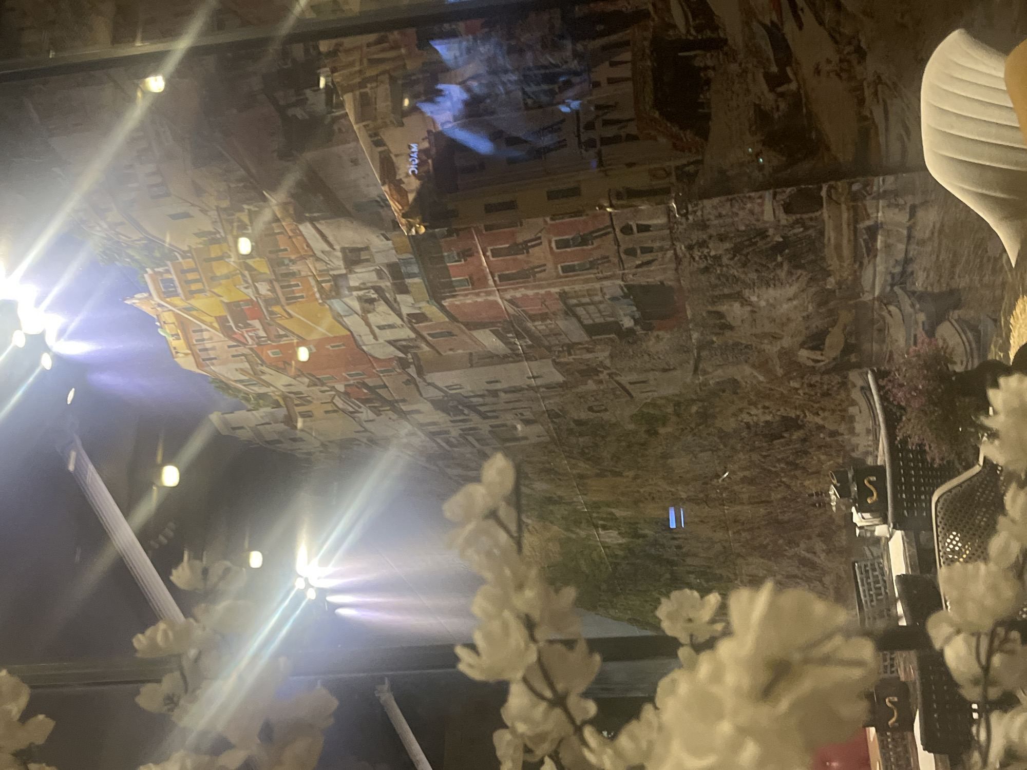 A slightly blurry, distorted, interior shot, taken from below. The main focal point appears to be a ceiling mural or display with buildings and scenic elements. The style hints at Venetian architecture, with canals and colourful facades, possibly in Italy. The lighting fixtures are recessed or track lights that produce a bright, hazy glow. Foregrounded elements feature white floral arrangements, and furniture, partially obscured by the floral display.
I cannot determine the location with sufficient accuracy.