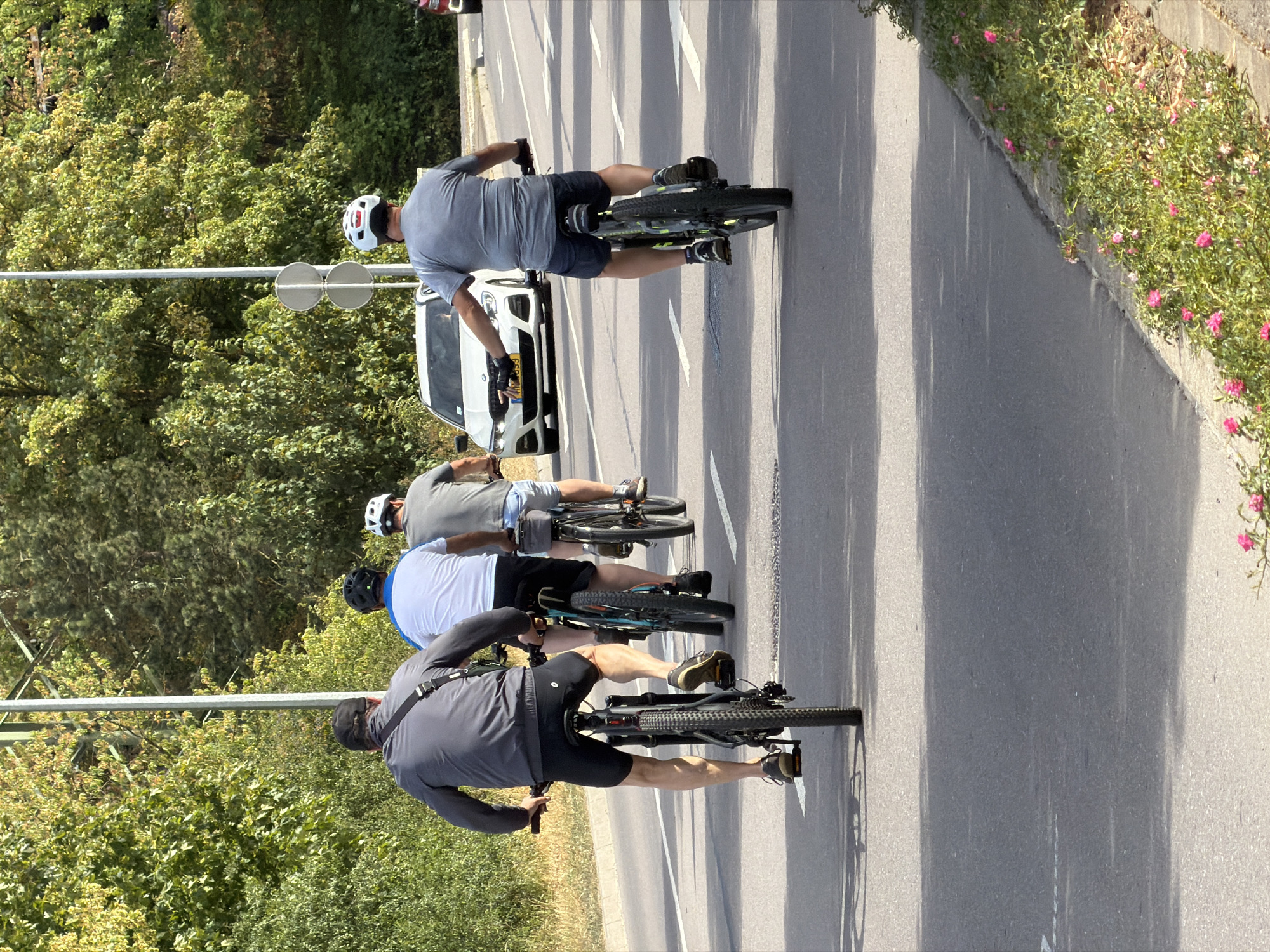 The image shows a group of four cyclists riding on a paved road, likely in or near Esch-sur-Alzette, Luxembourg, as suggested by the surrounding vegetation and infrastructure. The cyclists are moving away from the viewer, with the closest cyclist wearing a grey jacket and black shorts. The second cyclist is wearing a white shirt and blue trim shorts, followed by a cyclist in a grey t-shirt and blue shorts, and the furthest cyclist is in a grey t-shirt and blue shorts. A white car is visible on the right side of the road, in the background, appearing to be passing the cyclists or waiting behind them. The road has white lane markings, and the area is lined with trees and greenery. There are also two round signs on a pole on the right side of the road. The weather appears to be sunny, casting shadows on the road.