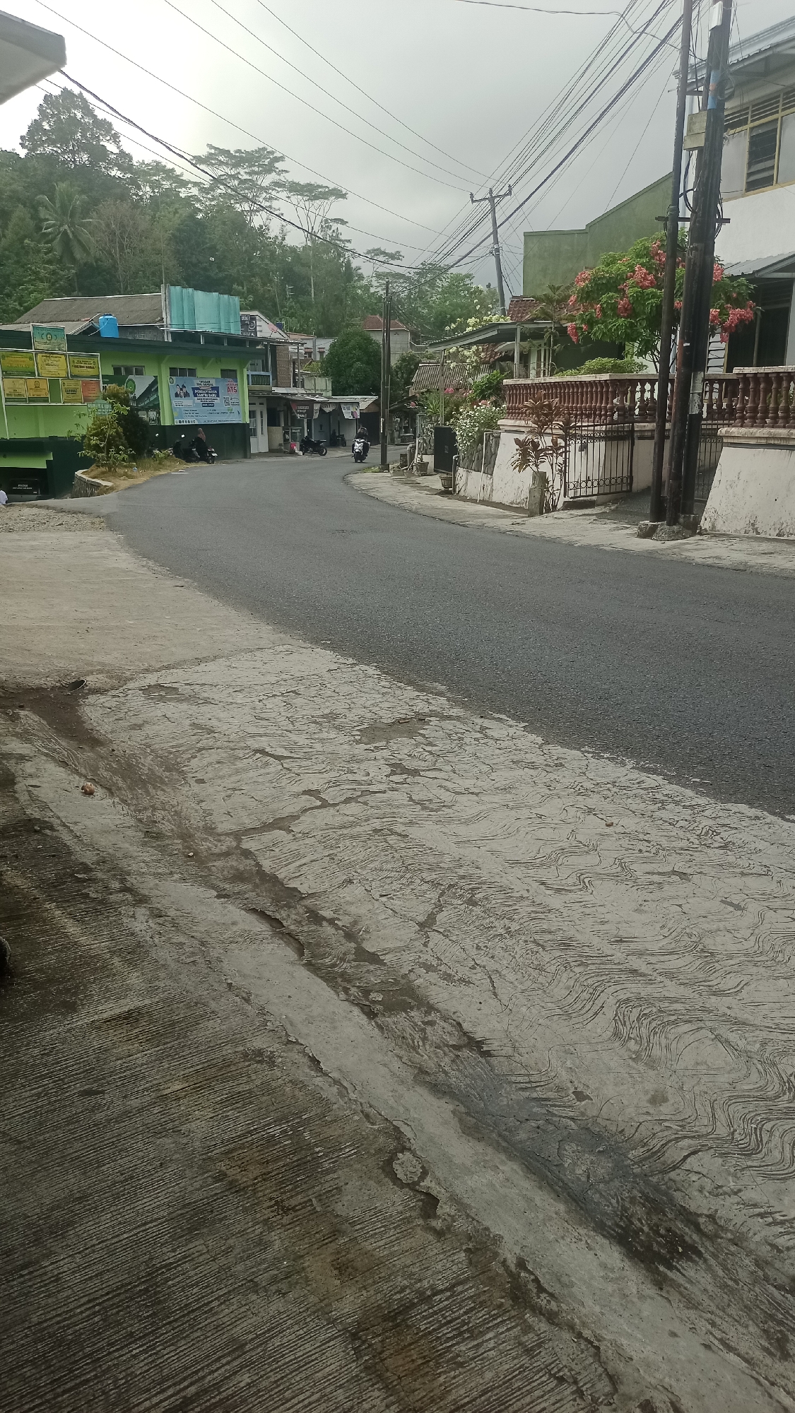 The image depicts a street scene in Karyamandala, Indonesia. The road, paved with asphalt, curves from the left foreground into the distance. The foreground is dominated by a concrete surface with a textured, grooved pattern and areas of staining.
To the left of the road, a green building with a blue roof is visible, featuring banners and signage, including what appears to be a school or educational institution. Several motorcycles are parked in front of this building. Further down the road, on the left, are smaller shops and structures.
On the right side of the road, houses with white walls and tiled roofs are present. A decorative railing made of reddish-brown balusters runs along the front of some of these properties. Lush vegetation, including flowering bushes with pink and white blossoms, adds color to the scene.
Overhead, a complex network of electrical wires and utility poles crisscrosses the sky, indicating an urban or semi-urban environment. The sky is overcast, suggesting a cloudy day. The overall impression is of a residential and commercial street in a tropical climate.