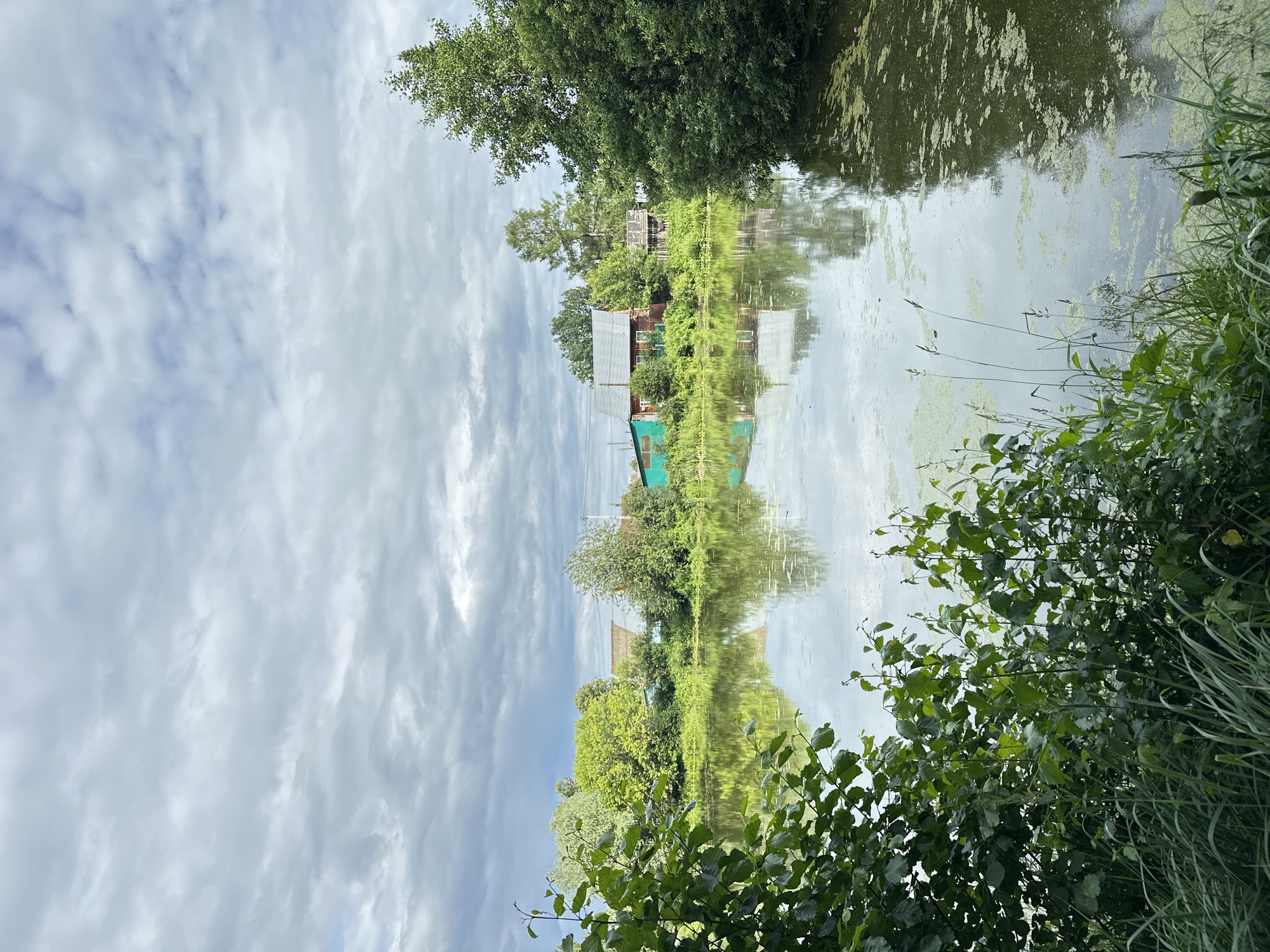 This is a vertical, medium-shot, eye-level, outdoor photograph taken in Chaikovsky, Russia. The scene depicts a tranquil body of water, possibly a river or canal, with a building and lush green trees lining its banks. The water's surface reflects the sky, clouds, and the surrounding vegetation, creating a symmetrical and serene image.
The building appears to be a two-story structure with a weathered, light brown roof and a light green lower half. It is surrounded by dense foliage, with large trees arching over the water. The water itself is calm, with patches of green algae or aquatic plants floating on the surface. On the right side of the frame, tall green grasses and leafy branches overhang the water, adding to the natural and somewhat wild feel of the scene.
The sky is partly cloudy, with a mix of white and grey clouds against a pale blue backdrop. The overall mood is peaceful and natural, suggesting a quiet, possibly rural, setting. The time of day appears to be daytime, likely late morning or early afternoon, given the quality of light. There is no visible text in the image.