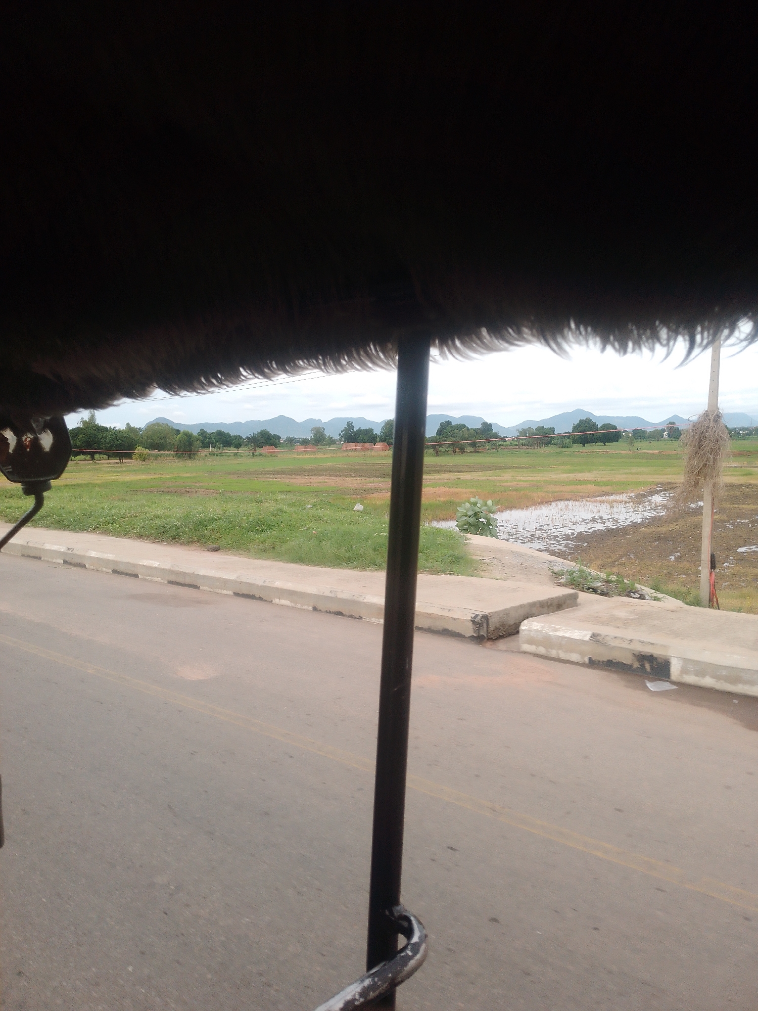 The image depicts a view from inside a vehicle, possibly a tuk-tuk or similar open-air transport, looking out at a rural landscape. In the foreground, the dark, textured roof lining of the vehicle is visible, with strands of what appears to be straw or hair hanging down. A dark vertical pole, part of the vehicle's structure, runs through the center of the frame.
Beyond the vehicle, a paved road with yellow lane markings stretches into the distance. A concrete curb runs along the edge of the road. Adjacent to the curb is a grassy area with a few patches of weeds. Further back, a large, open field is visible, appearing to be a playing field or agricultural land. In the middle of this field, there is a section filled with shallow water, suggesting recent rain or a drainage area.
In the background, a line of trees forms a natural boundary to the field, with some scattered structures, possibly buildings with red roofs, visible behind them. Beyond the trees, a range of mountains or hills is silhouetted against a pale, overcast sky. The overall impression is one of a tranquil, rural setting. There are no people clearly visible in the image, and the activity taking place is simply the observation of the scenery from a moving vehicle. The time of day appears to be daytime, and the weather seems to be cloudy or overcast, as indicated by the diffused light and the appearance of the sky. No text is discernible in the image.