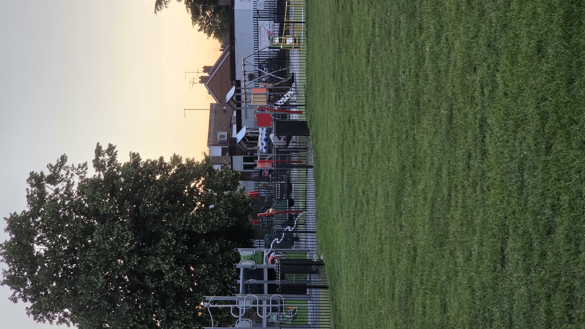 An outdoor, eye-level shot captures a children's playground and a grassy field at dusk. A large, leafy green tree dominates the left side of the frame, casting shadows. The playground, enclosed by a black metal fence, features colorful equipment including swings, slides, and climbing structures. In the background, buildings with brick facades and pitched roofs are visible under a pale orange sky. The foreground is a lush green lawn.