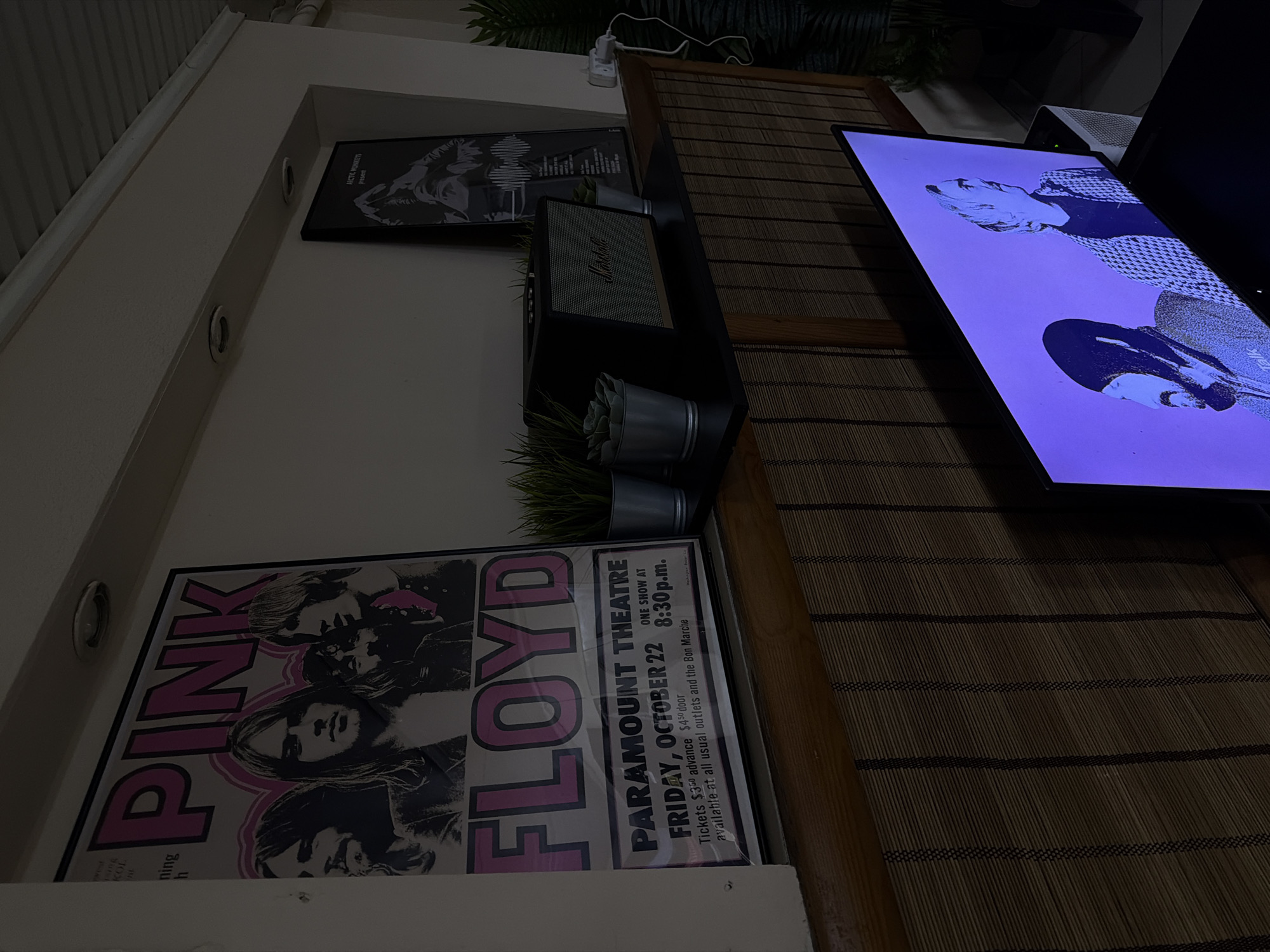 The image depicts a dimly lit room, possibly a living area, with various objects arranged on shelves and a television screen in the foreground. The room's décor suggests a casual, entertainment-focused setting.
In the background, a large framed poster of the band Pink Floyd is prominently displayed on the wall. Below the Pink Floyd poster, a smaller framed poster, appearing to be for the band Arctic Monkeys, is also visible. To the right of these posters, a Marshall brand speaker sits on a dark shelf, flanked by small potted plants that resemble succulents and artificial greenery.
In the foreground, a television screen displays a purple-toned image of two individuals. The lighting in the room is low, casting shadows and creating a somewhat subdued atmosphere. The walls are painted a neutral color, and wooden blinds cover a section of the wall below the shelf.
The location is identified as being in Chaikovsky, Russia. This detail, however, is not visually evident from the image content itself. The scene captures a snapshot of a personal space, highlighting decorative elements and entertainment devices. There are no people visible in the immediate scene, other than those depicted on the television screen.