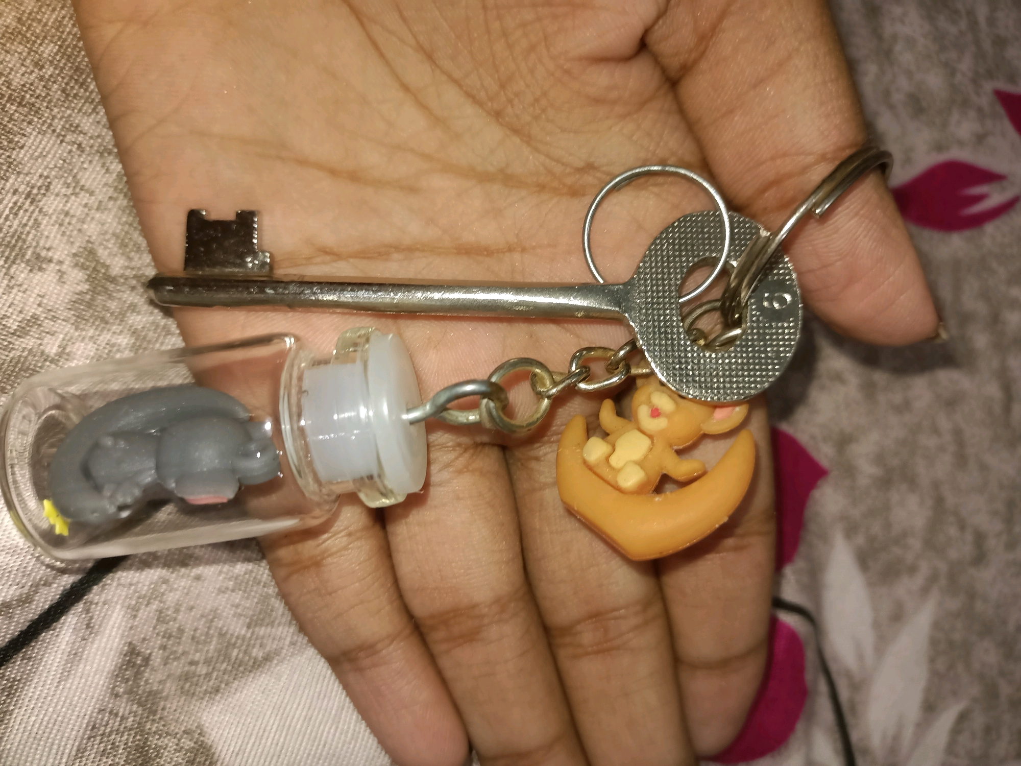 A close-up, high-angle shot shows a person's hand holding a keyring. The keyring consists of a silver key with a notched bit, a circular fob with a textured surface, and two charms. One charm is a small, gray figurine of a sleeping creature inside a clear glass vial with a white stopper. The other charm is an orange figurine of a creature, possibly a bear or a cat, sitting on a crescent moon. The keyring is resting on a fabric surface with a neutral pattern. The lighting is direct, casting shadows on the hand and keyring. The scene is set on a fabric background in Barrackpore, India.