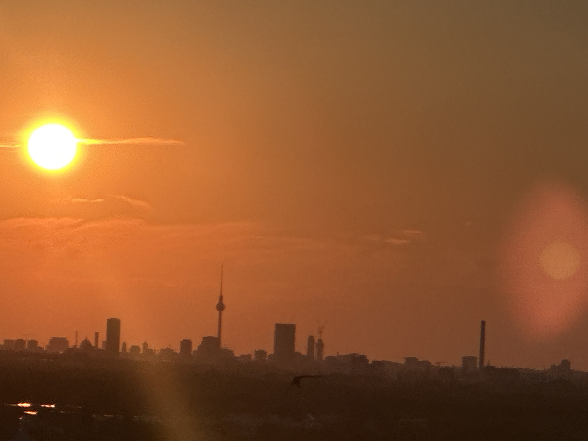 The image depicts a cityscape of Berlin, Germany at sunset. The sun, a bright orange orb, is visible in the upper left quadrant of the image, casting a warm glow across the sky. Silhouetted against the vibrant sky are various buildings, including the iconic Fernsehturm (Television Tower) on the right side. The skyline is characterized by a mix of modern skyscrapers and older structures. The foreground shows a dark, blurry expanse, likely representing trees or hills, with reflections of light on water. A bird is captured in mid-flight in the lower central part of the image. The overall scene conveys a serene and picturesque view of the city bathed in the colors of dusk.