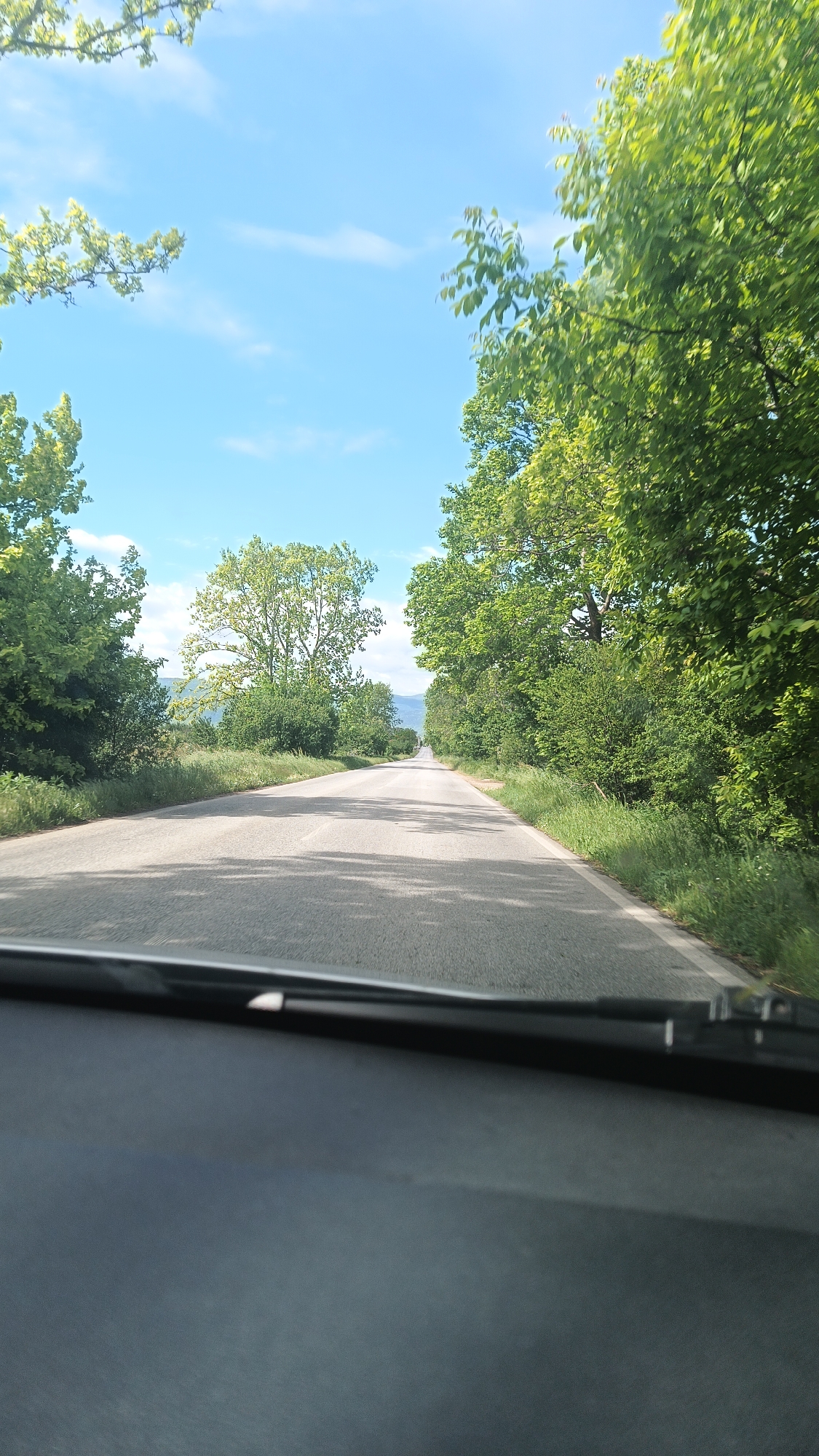 View from inside a vehicle driving on a straight asphalt road in Boliartsi, Bulgaria. The road is flanked by green trees and vegetation on both sides. Distant mountains are visible on the horizon. The sky is blue with scattered clouds. The dashboard of the car is visible in the foreground with a windshield wiper. No people are visible.