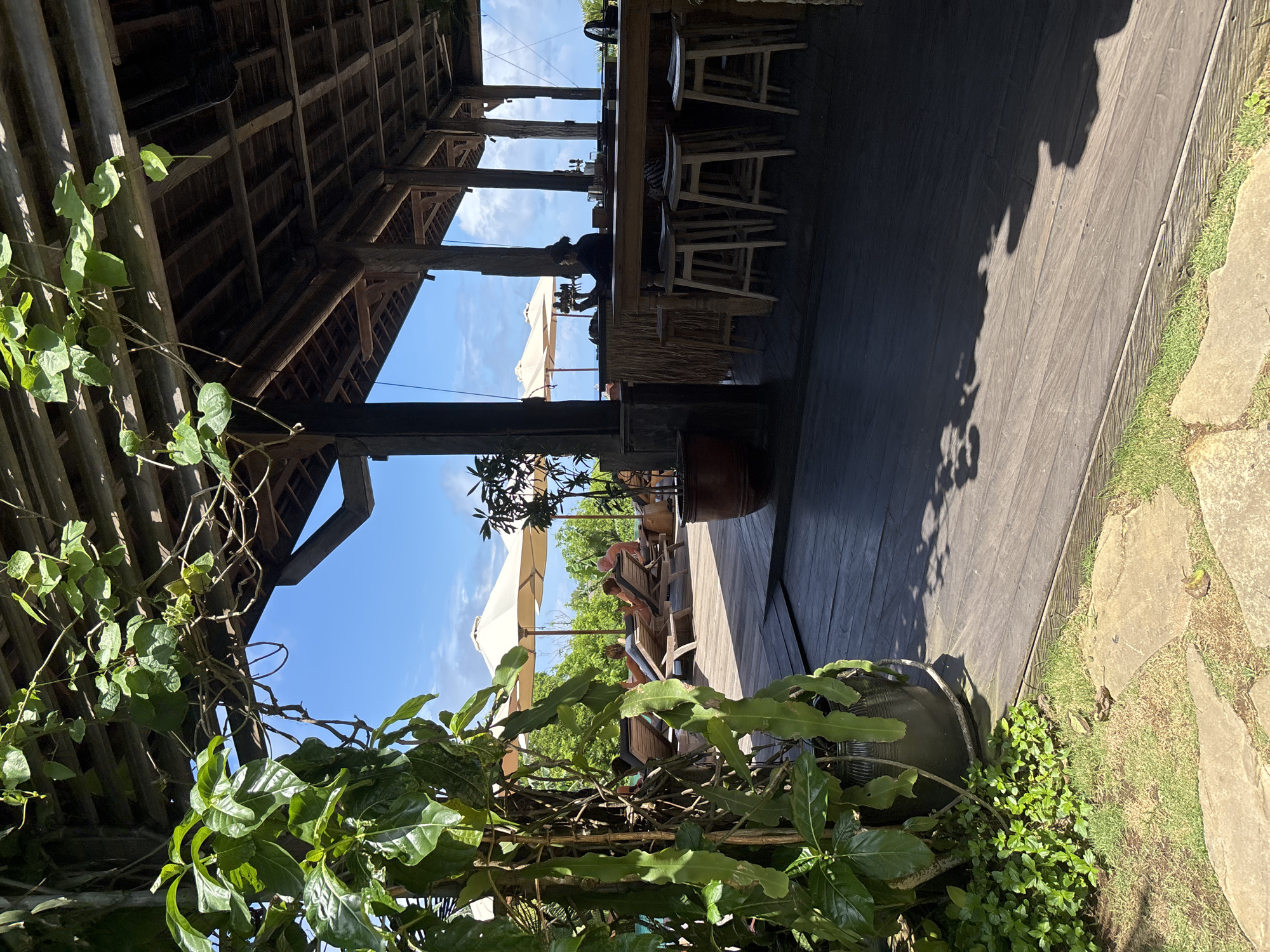 The image captures a partially covered outdoor seating area in Uluwatu, Indonesia. In the foreground, vibrant green foliage obscures the lower left corner of the frame. Moving towards the background, the scene opens up to reveal a wooden deck, part of an establishment with a thatched roof supported by wooden pillars. A long bar with stools stands on the deck, and a person is visible behind it. Further back, there's an open area with sun loungers and parasols under a blue sky. The overall atmosphere suggests a relaxed, tropical setting.