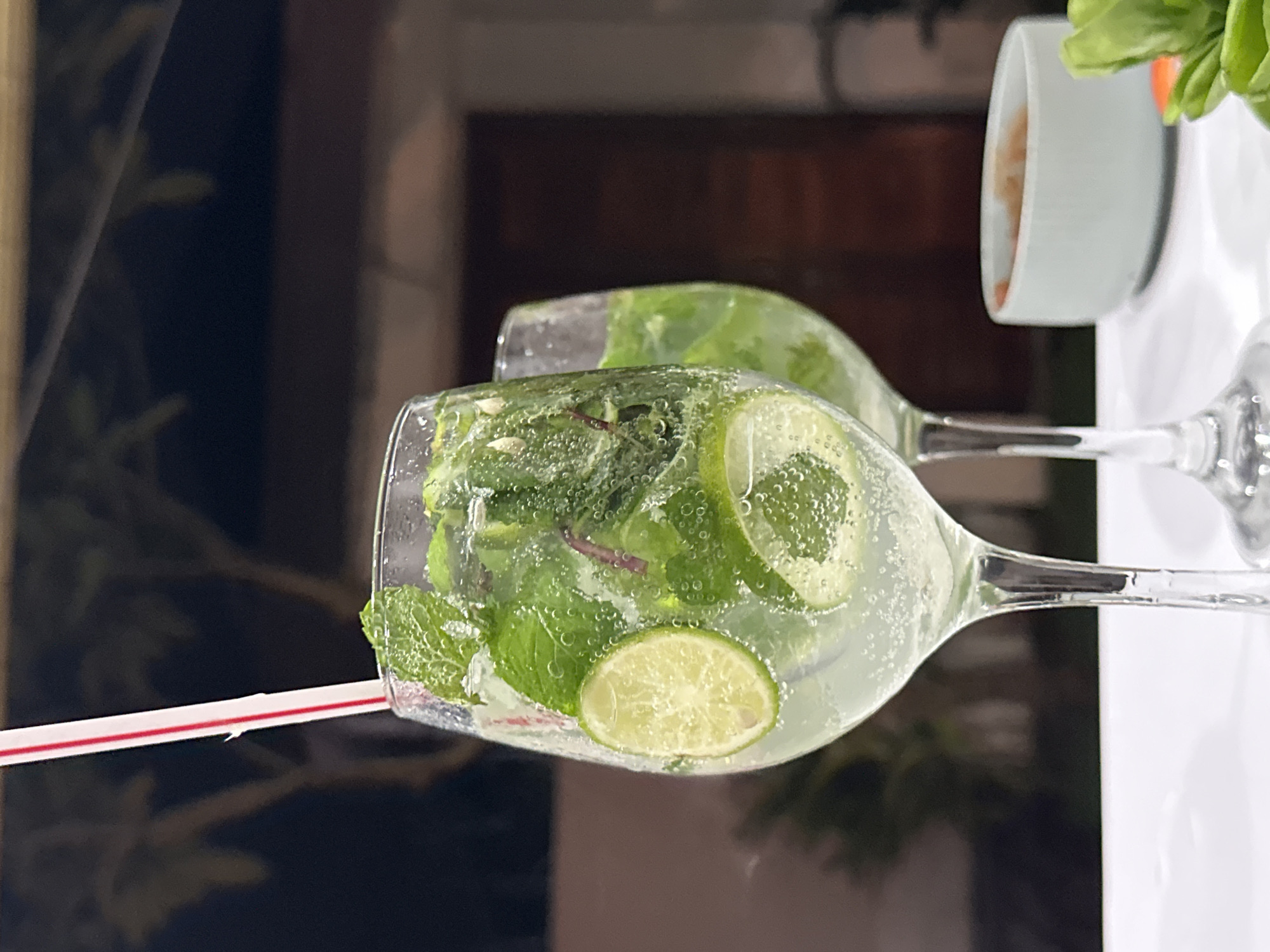 The image shows two wine glasses filled with a mojito-like beverage, adorned with lime slices and mint leaves, and garnished with a red and white striped straw. The glasses are positioned on a white, reflective surface, likely a table. In the background, there is a blurry, dark brown and black backdrop, suggesting an indoor setting or a shadowed outdoor area. Another drinking vessel is faintly visible, possibly a glass or bowl, with an orange-like object, and greenery in the foreground. The location is North Kuta, Indonesia.