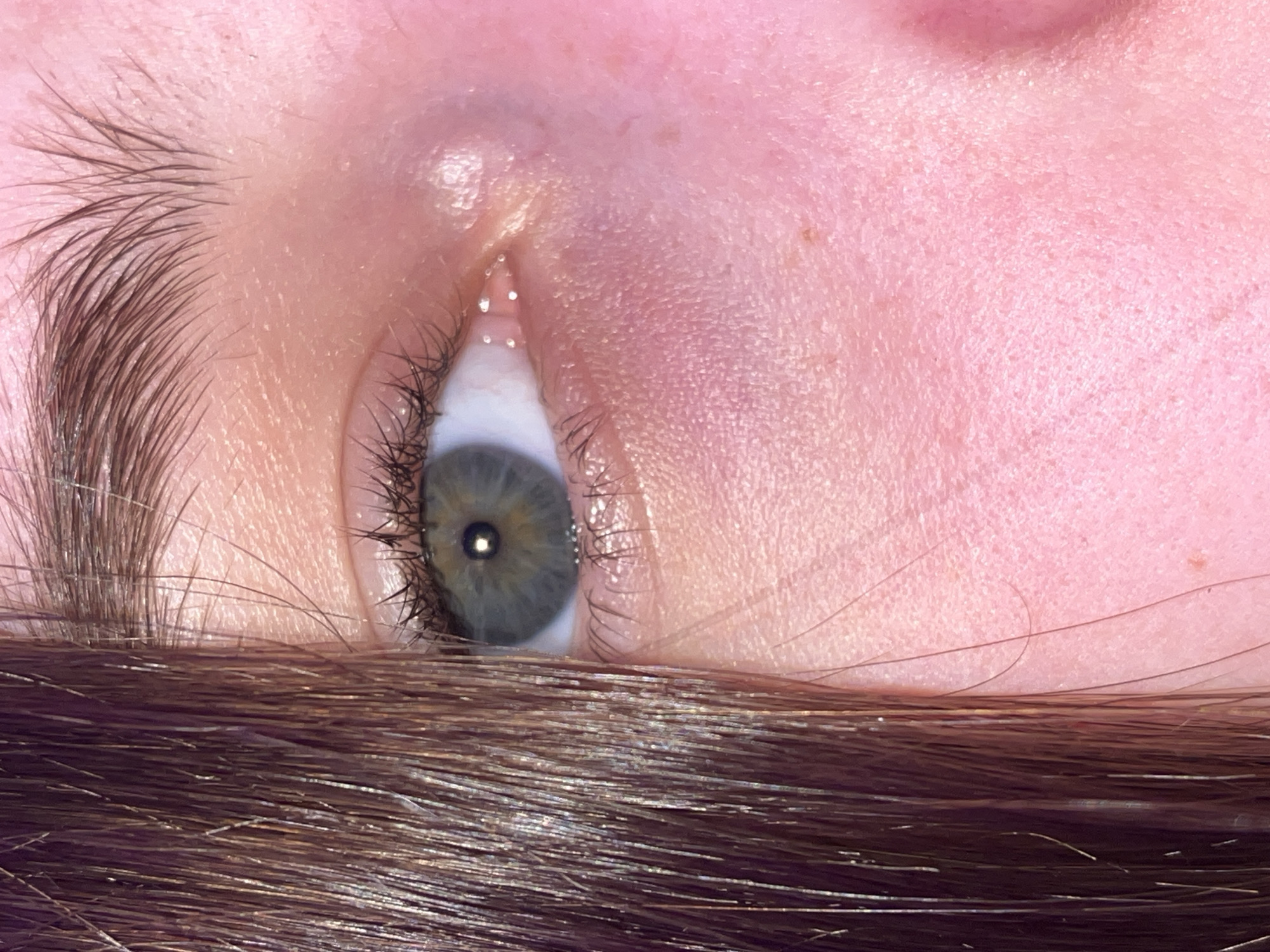 A close-up, tilted view of a person's eye, eyebrow, forehead, and hair. The eye is a mix of green and gray, with black eyelashes. The eyebrow is dark brown and well-defined. The forehead is pinkish and shows skin texture. Dark brown hair partially covers the lower portion of the image. The background is out of focus. There is no indication of the city of Saint Petersburg, Russia, or any specific location.