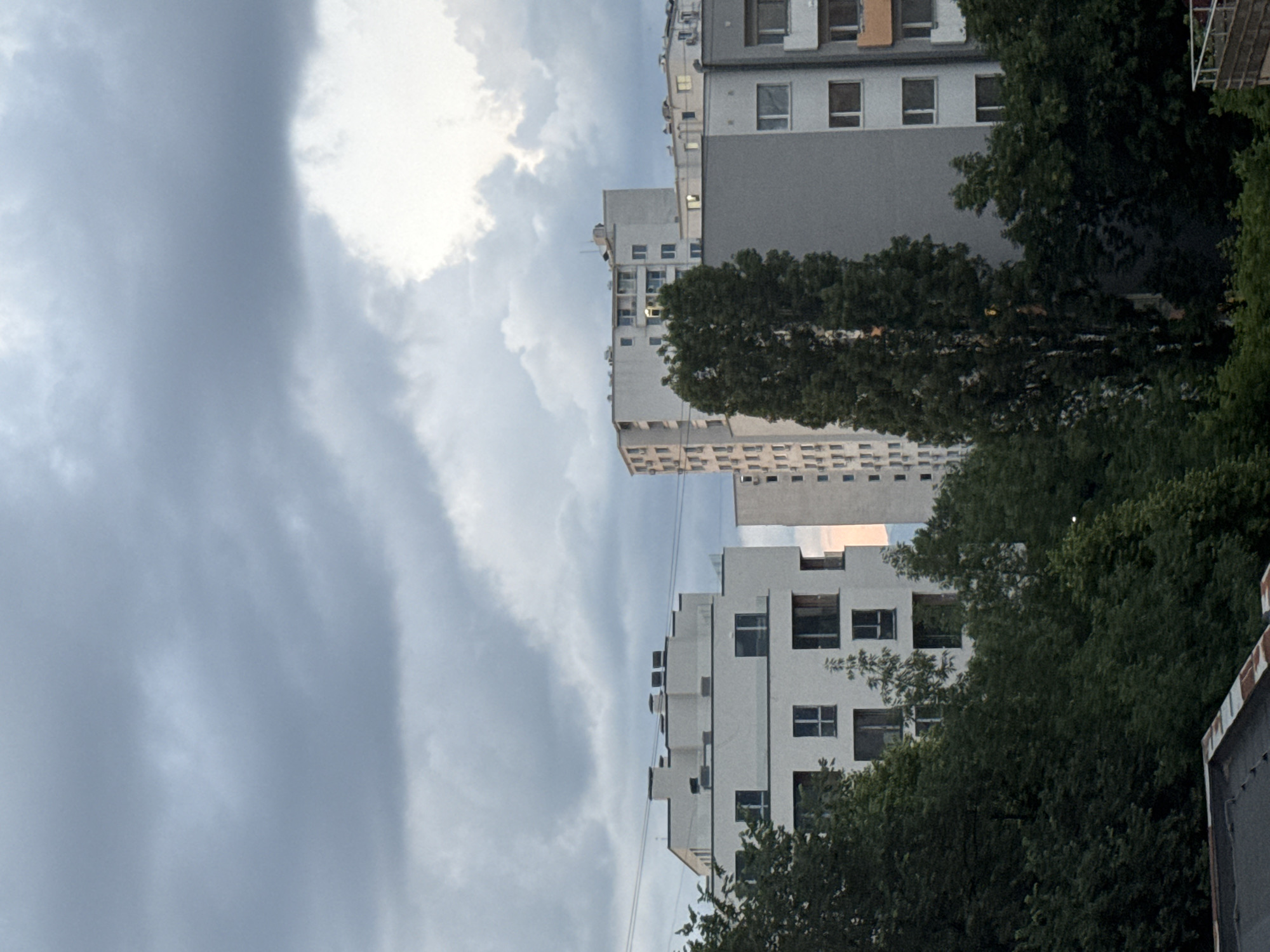The image displays an urban residential landscape in Sofia, Bulgaria, characterized by a mix of modern and older apartment buildings under a heavily overcast, grey sky with a brighter, whiter cloud formation visible towards the upper right. No individuals, animals, or discernible actions are present.
The foreground and mid-ground are dominated by dense, dark green deciduous trees and foliage. Prominently positioned on the left is a multi-story, white modern building featuring a distinctive stepped or terraced roofline and numerous dark-framed windows, some incorporating glass railings indicative of balconies. To its right, a tall, slender, light-colored apartment block rises, characterized by multiple windows and external balconies or air conditioning units on its visible side. Further to the right and partially obscured by trees, a grey multi-story building with windows and balconies is visible. Additional indistinct building structures are present in the distant background. Power or utility lines are visible horizontally spanning the sky between the structures in the mid-ground. A dark roof structure is partially visible in the bottom-left corner of the frame. The overall lighting is soft and diffused, consistent with an overcast day.