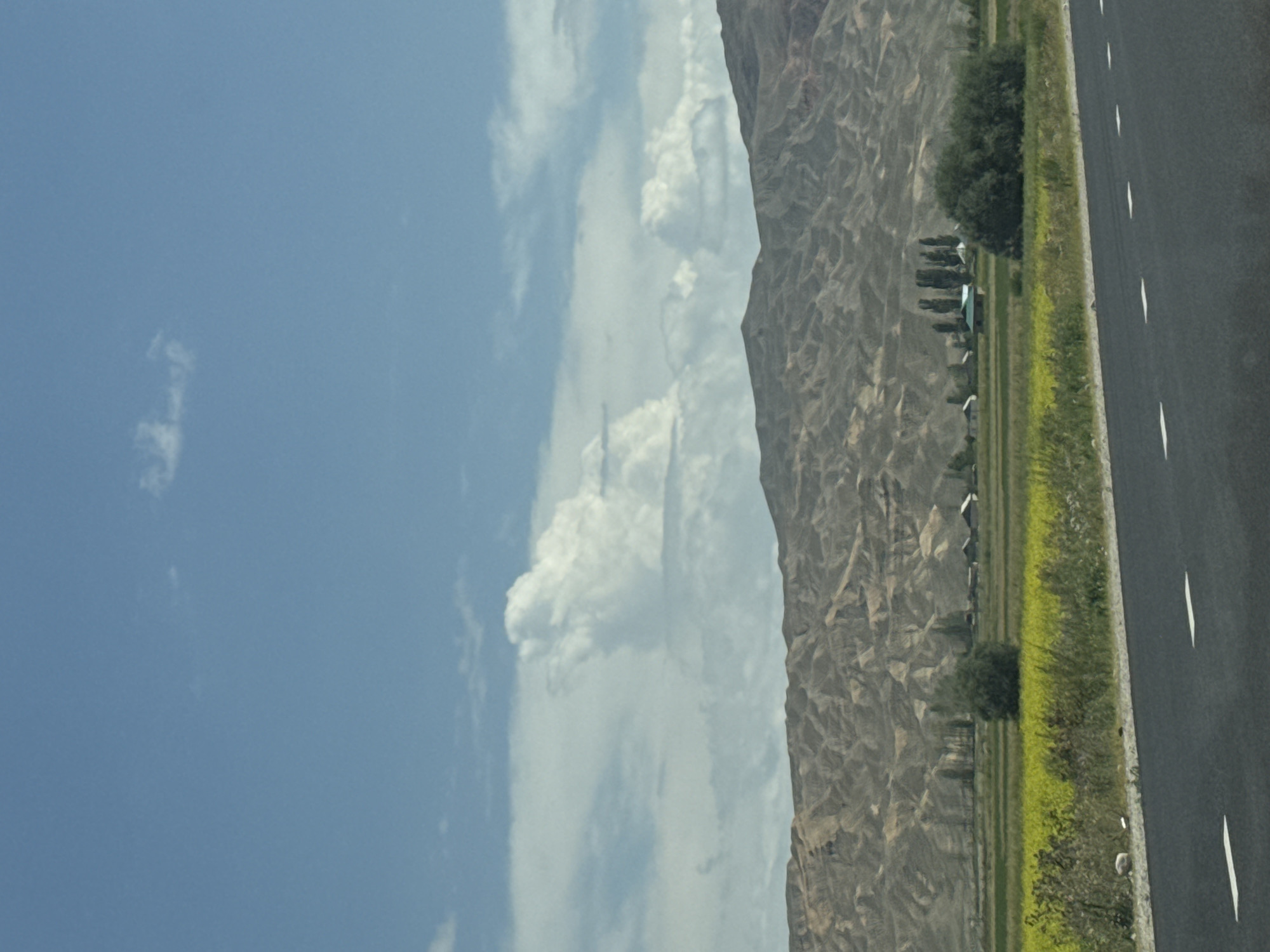 The image depicts a vast, natural landscape under a partly cloudy sky. In the foreground, a dark asphalt road with white lane markings runs horizontally across the frame. Beyond the road, a vibrant green field, interspersed with patches of yellow wildflowers, stretches towards a distant row of trees and small buildings. In the background, a large, rugged mountain range dominates the horizon, its textured slopes displaying varying shades of brown and tan. The overall scene conveys a sense of rural tranquility and vast open space. The location is identified as Kara-Koo, Kyrgyzstan, a region known for its natural beauty and mountainous terrain. There are no people visible in the image, nor any specific actions or interactions taking place.