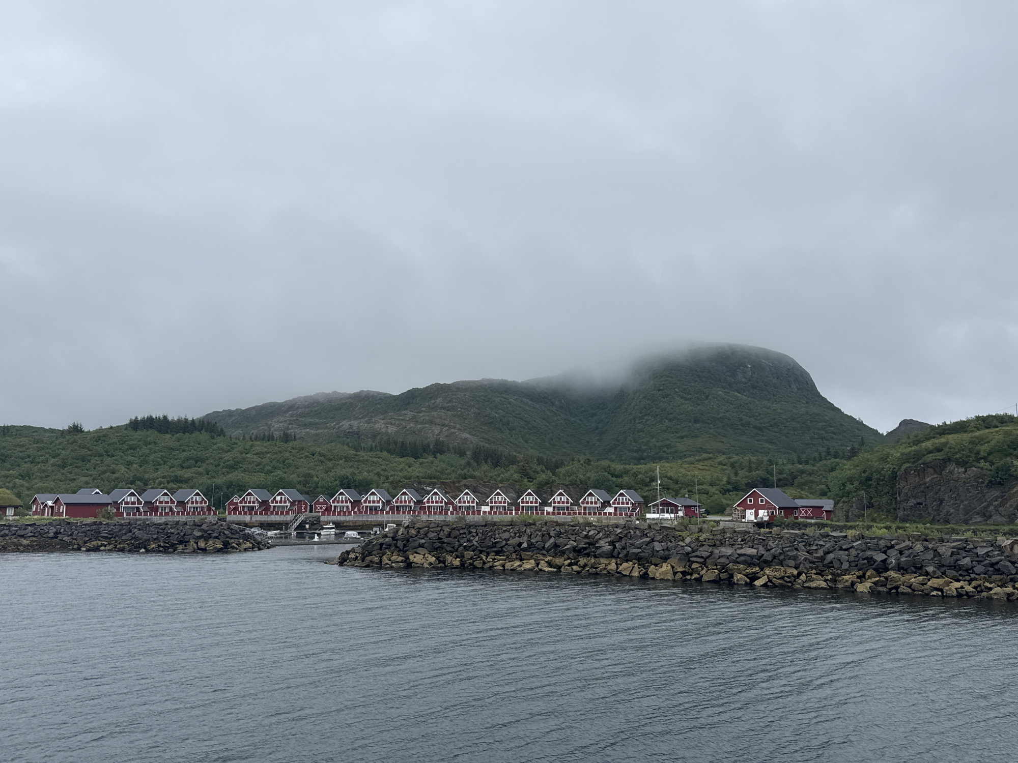 The image depicts a coastal scene in Demmahågen, Norway, on an overcast day. In the foreground, a body of dark, rippling water occupies the lower portion of the frame. A breakwater constructed of dark, rough stones lines the edge of the water, extending into the middle ground.
Behind the breakwater, a row of traditional red Norwegian houses with white trim and dark roofs are situated along the shore. These houses appear to be residential or possibly part of a tourist accommodation. Some of the houses have small windows and distinct architectural features. One house on the far right is slightly detached from the main row and is a solid red structure with white window frames and a white X marking on one side. Another single red building with white trim is visible to the far left, set back from the main row. Several small boats are docked behind the breakwater in front of the houses.
The background features a densely forested hillside that rises towards a mountain range. The upper portions of the mountains are obscured by thick, grey clouds, creating a misty and atmospheric effect. The vegetation is predominantly green, indicating a temperate climate. No people are visible in the image. The overall impression is one of a serene, slightly somber, northern European coastal village.