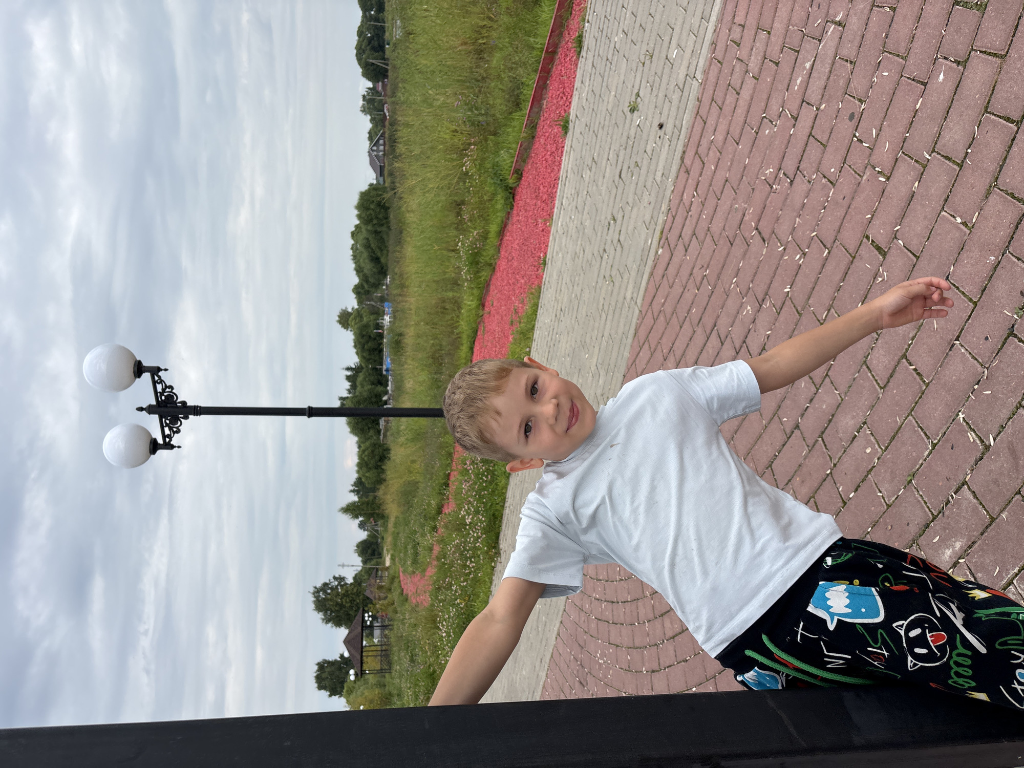 A young boy with blonde hair is posing for a photo in an outdoor setting. He is wearing a white t-shirt and black pants with colorful cartoon graphics. The boy is standing on a paved walkway made of red and gray bricks. To his left, there is a grassy area with scattered wildflowers and a lamppost with two white globes. In the background, there are trees, a small gazebo, and some houses. The sky is overcast. The overall mood of the image is casual and cheerful. The photo appears to have been taken during the daytime. The location is identified as Breytovo, Russia.