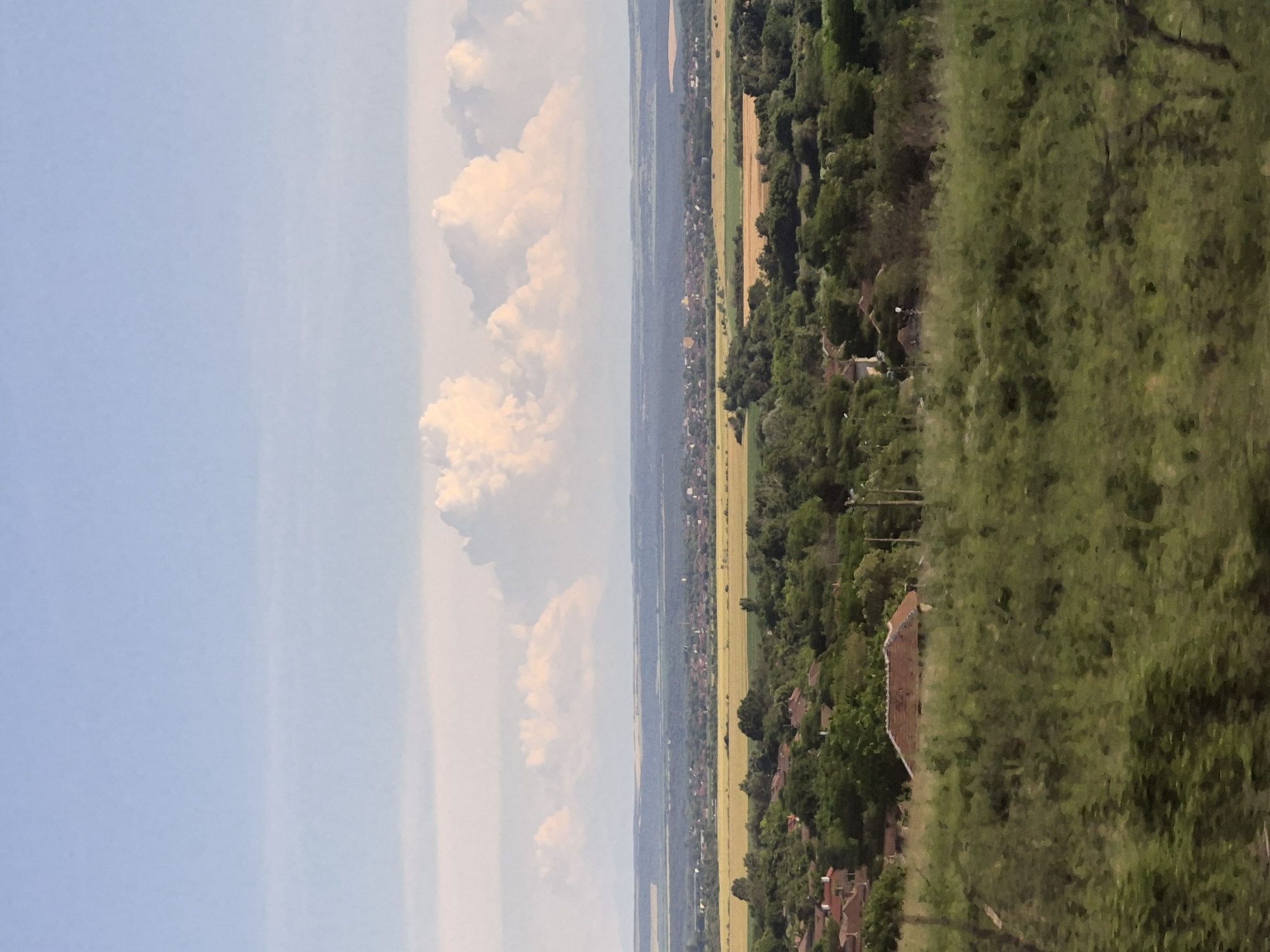 This is a medium-distance, vertical, eye-level shot of a landscape that appears to be in or around Kozar Belene, Bulgaria. The image captures a hazy, overcast sky with large, puffy white clouds. Below the sky, a distant, flat landscape unfolds, featuring agricultural fields of yellow and green, interspersed with scattered buildings and a faint hint of a town or city in the middle ground. In the foreground, a densely forested area with numerous red-roofed houses is visible. The overall scene is one of rural settlement surrounded by cultivated land and natural greenery. There are no people or animals depicted in the image.