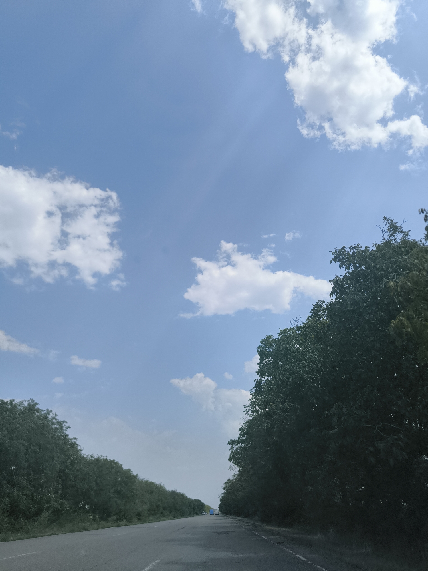 The image shows a clear blue sky with scattered white clouds. On the right side of the frame, a dense line of dark green trees runs along a paved road. On the left side, another line of trees is visible, though less dense. The road appears to be a highway or main road, with a single lane visible in the foreground. In the distance, a blue vehicle is barely visible on the road. The overall impression is of a rural or suburban landscape on a sunny day. The location is identified as being in the city of Criuleni, Moldova.