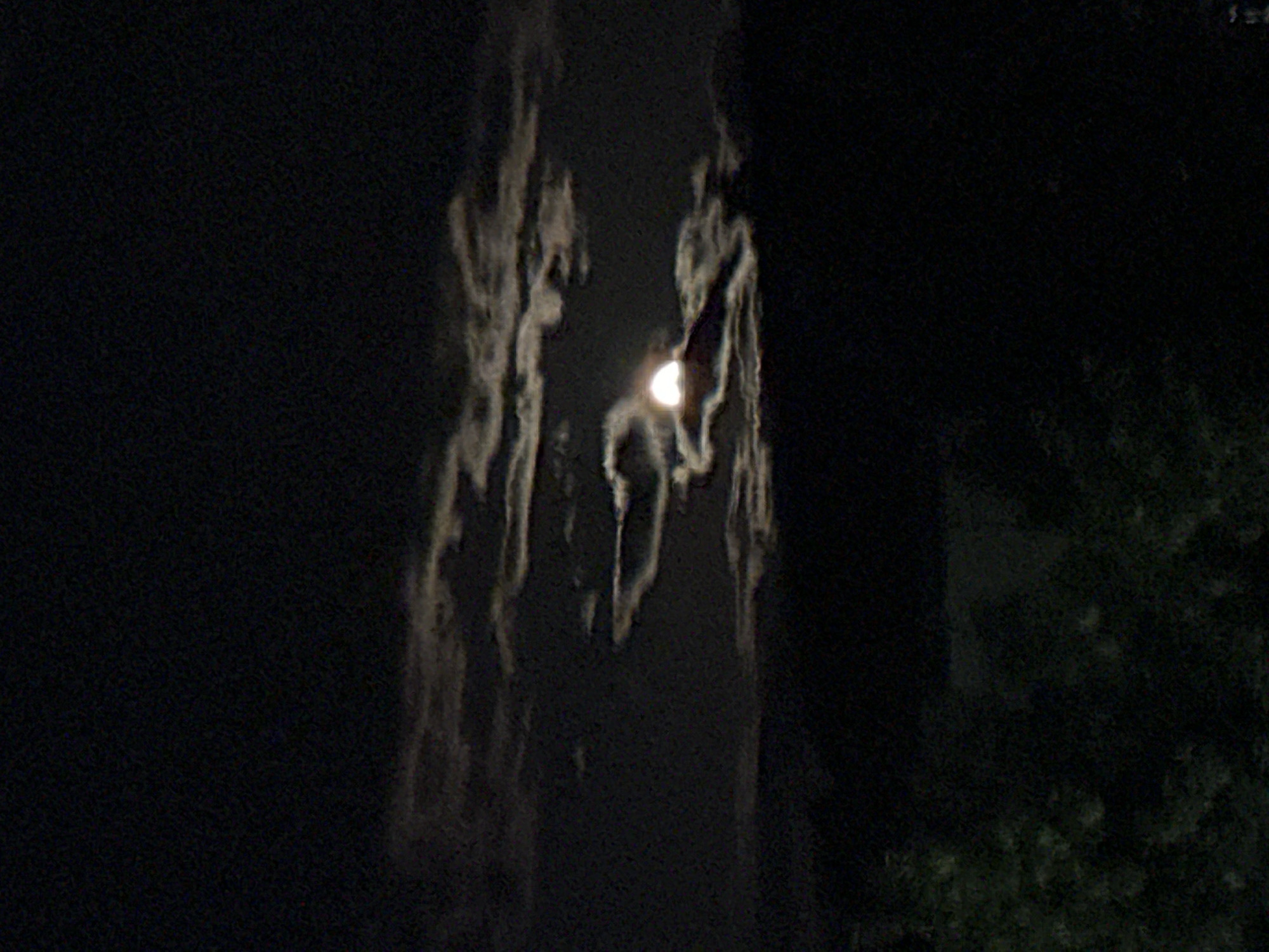 This image presents a nocturnal scene featuring a partially obscured moon against a dark, cloudy sky. The bright, crescent-shaped moon is visible towards the center, appearing to shine through or from behind vertical, elongated cloud formations or dark, abstract streaky shapes. These formations extend vertically across a significant portion of the frame, creating a somewhat ethereal and mysterious effect.
On the lower right side, faint, dark outlines suggest the presence of foliage or a tree, indicating an outdoor setting. The overall color palette is dominated by deep blacks and grays, with the moon providing the only significant source of light. The image shows characteristics of low-light photography, including noticeable digital noise. In the upper right corner, very small, pixelated symbols, possibly "3 =>" or similar digital artifacts, are faintly visible. The time of day is clearly night, and the weather appears to be cloudy. The scene is set in Bobov Dol, Bulgaria.